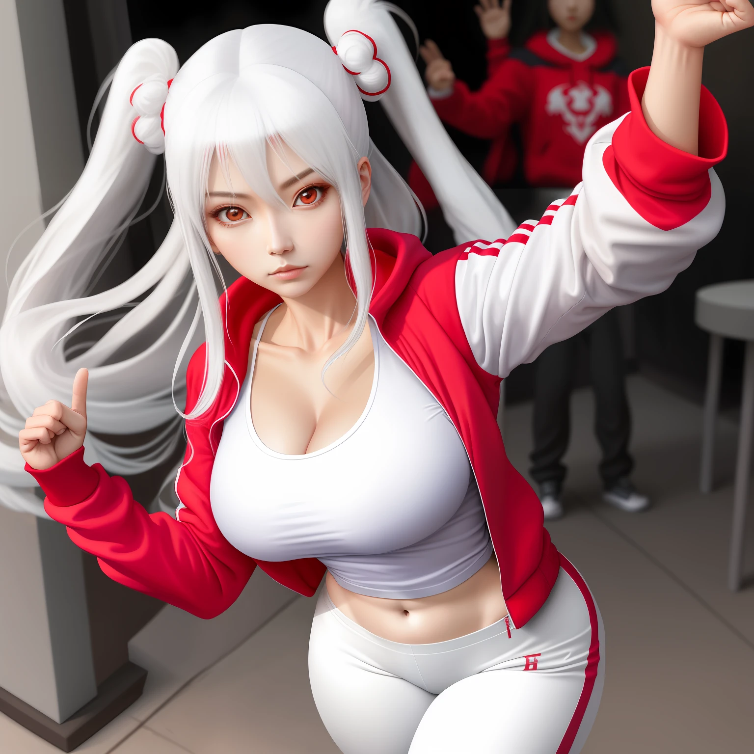 (tmasterpiece:1.2,best qualtiy), 1lady, 独奏, The upper part of the body, chobi,big cleavage breasts, white t - shirt, {Red down jacket}, White yoga pants, White jogging bottoms