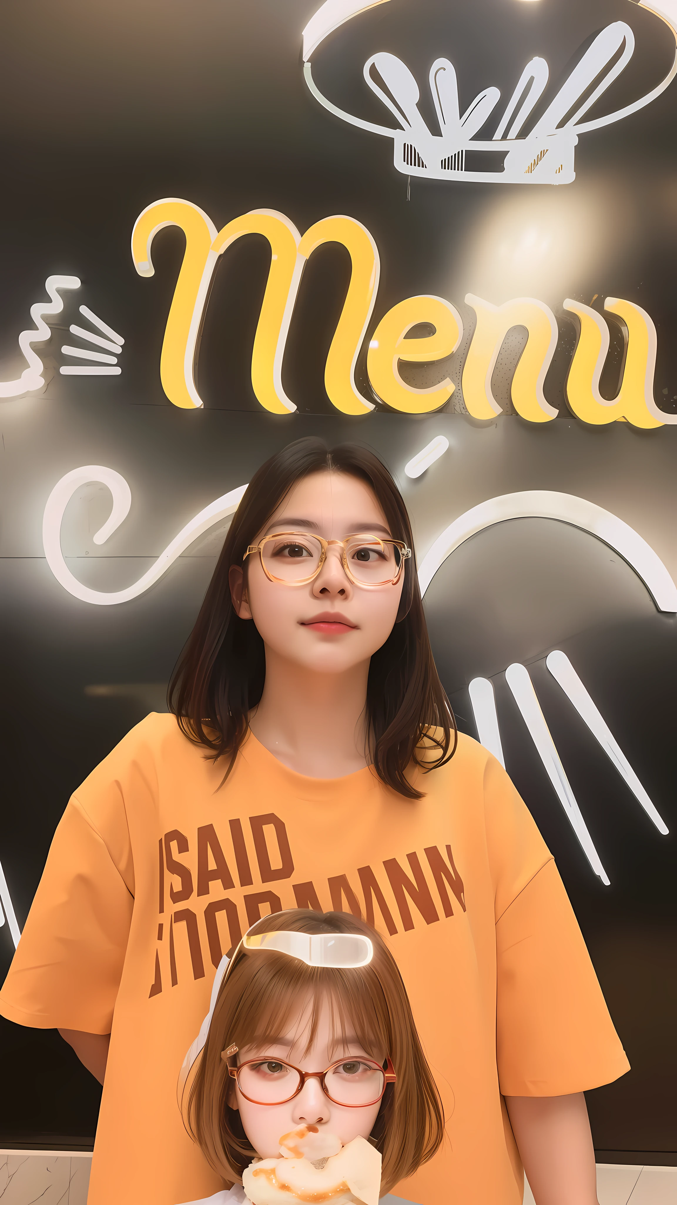 A girl wearing glasses reflecting led light standing infront of a restaurant wall, realistic, lookalike, look alike