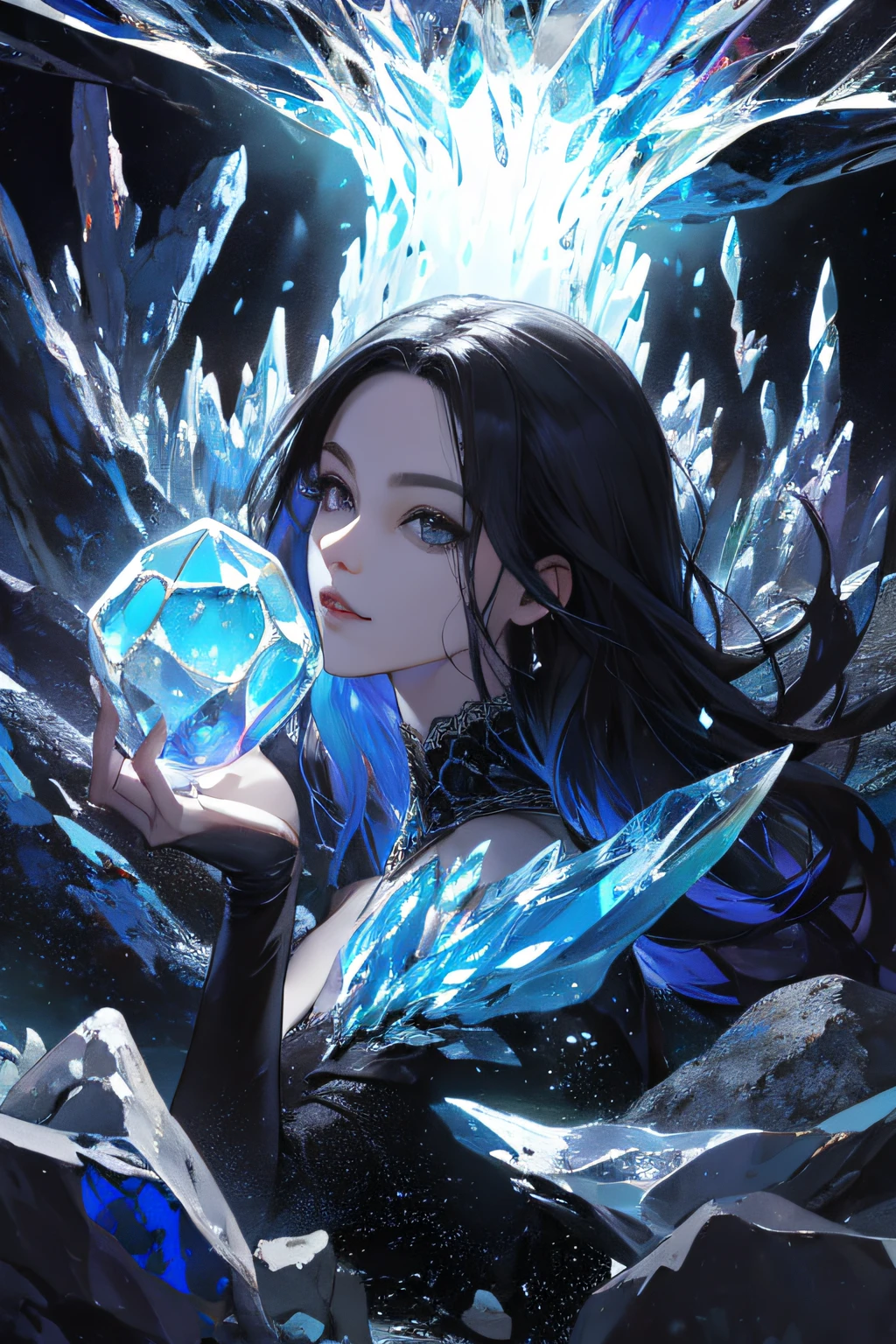 (absurdos, highres, ultra detalhados), 1mulher, matural female, envelhecido, cabelo longo ondulado, cabelo auburn, olhos de coral, franja, mangas compridas, olhos finamente detalhados e rosto detalhado, extremamente detalhado CG unidade 8k papel de parede, detalhes intrincados, (estilo-swirlmagic:1.0), olhando para o espectador, solo, parte superior do corpo, fundo detalhado, close-up, rosto detalhado, (gothic dark ages theme:1.1),dinamic pose, earth themed clothes, coroa de cristal, surrounded by blue magic crystals, rock formations, estalactites, magical floating particles, vidro de cristal, esfera de cristal, crystal canyon background, (shallow water: 0.7), epic ethereal atmosphere, correntes de ar, retrato