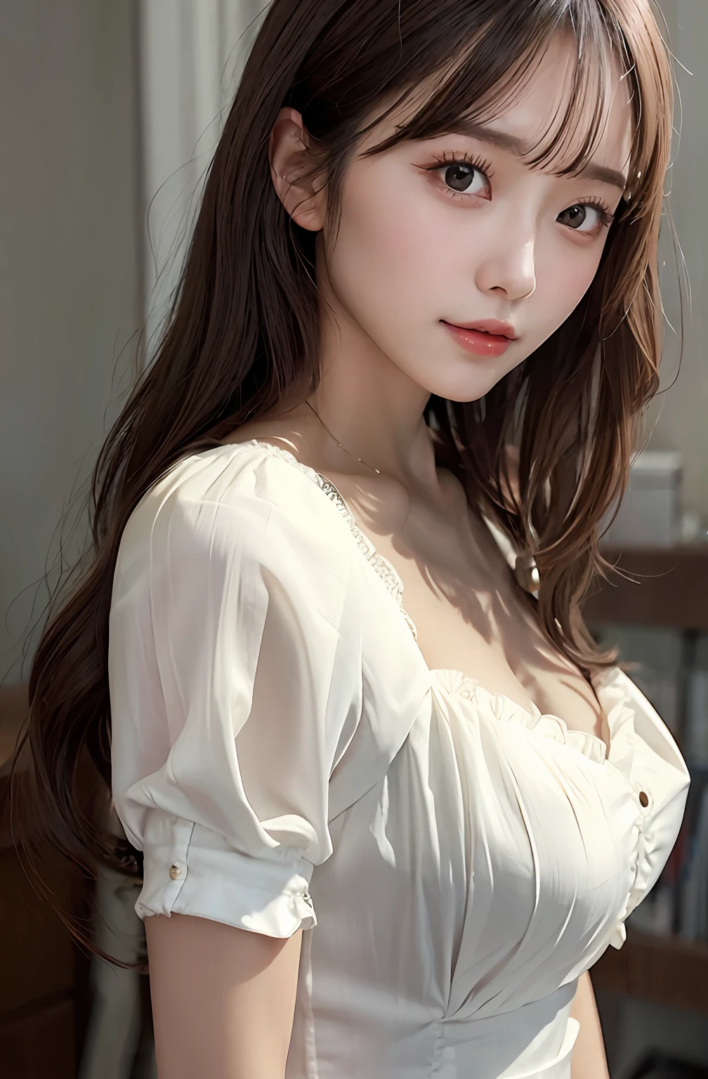 Wearing a neat dress、The chest area is greatly raised