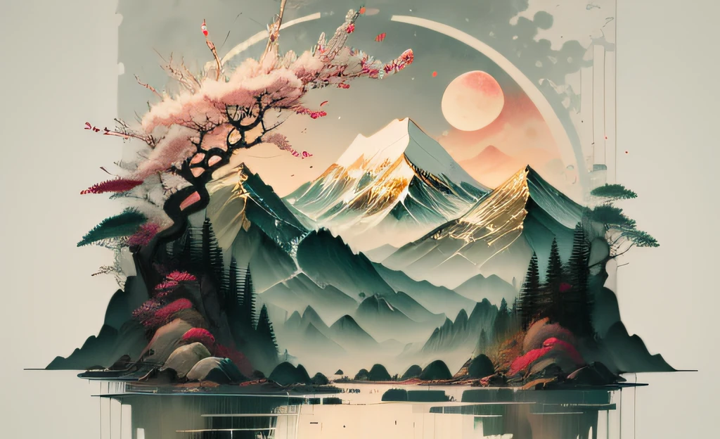 chinese painted landscape wallpaper and mountains, in the style of light gray and pink, jon j muth, spiritual landscape, cherry blossoms, minimalistic serenity, aquarellist, danh võ