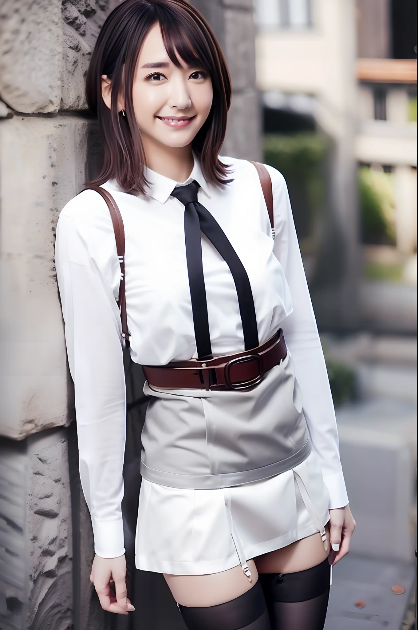 a belt　　tits out　　　suspenders　　garters　　a smile　Black stockings　　White Cutter Shirt　a miniskirt　Brown hair　Gray eyes　flank　fold hand with