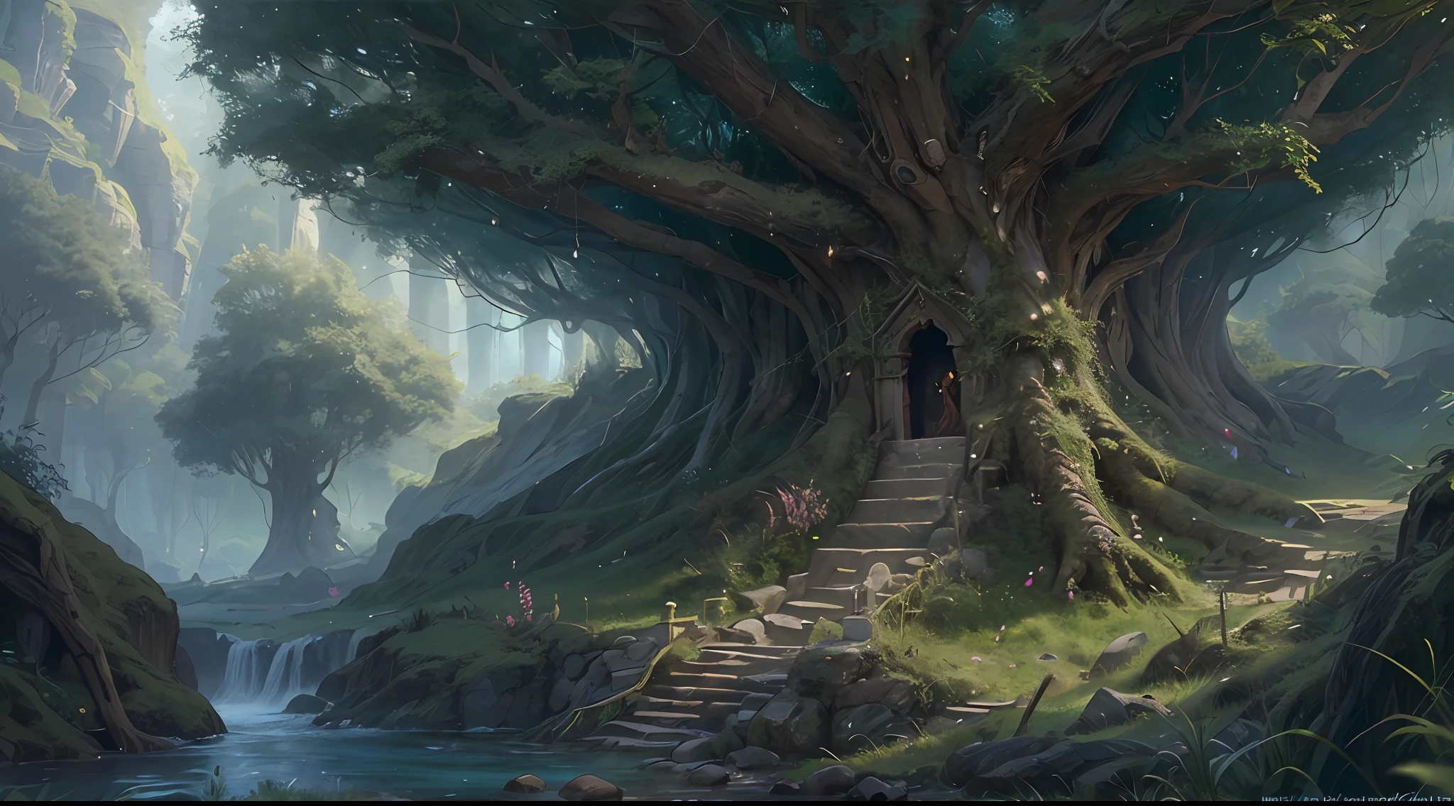 high details, best quality, 8k, [ultra detailed], masterpiece, best quality, (extremely detailed), dynamic angle, ultra wide shot, photorealistic, fantasy art, dnd art, rpg art, realistic art, an ultra wide picture of druid grove in a fantasy forest and its druid observing all, a fantasy forest (intricate details, Masterpiece, best quality: 1.5), many trees, a stream of water (intricate details, Masterpiece, best quality: 1.5), waterfall (intricate details, Masterpiece, best quality: 1.5), human female druid, full body (intricate details, Masterpiece, best quality: 1.5), exquisite beautiful woman druid (intricate details, Masterpiece, best quality: 1.5), ultra detailed face (intricate details, Masterpiece, best quality: 1.6), black hair, long hair, wavy hair (intricate details, Masterpiece, best quality: 1.5), dynamic eyes color, fair skin, wearing blue cloak (intense details, Masterpiece, best quality: 1.5), green robe (intricate details, Masterpiece, best quality: 1.5), cinematic light, pastoral atmosphere, divine light (intricate details, Masterpiece, best quality: 1.5), gods rays,