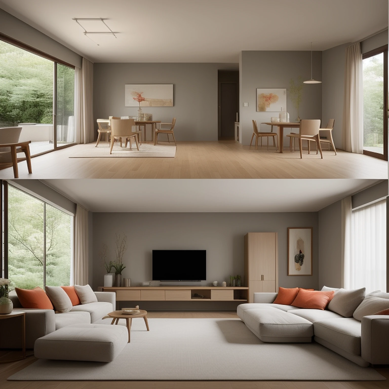 ((best quality)), ((masterpiece)), ((realistic)),living room, Modern minimalist Japan style, Soft light, Pure picture, (Bright colors:1.2), Symmetrical composition, gray theme