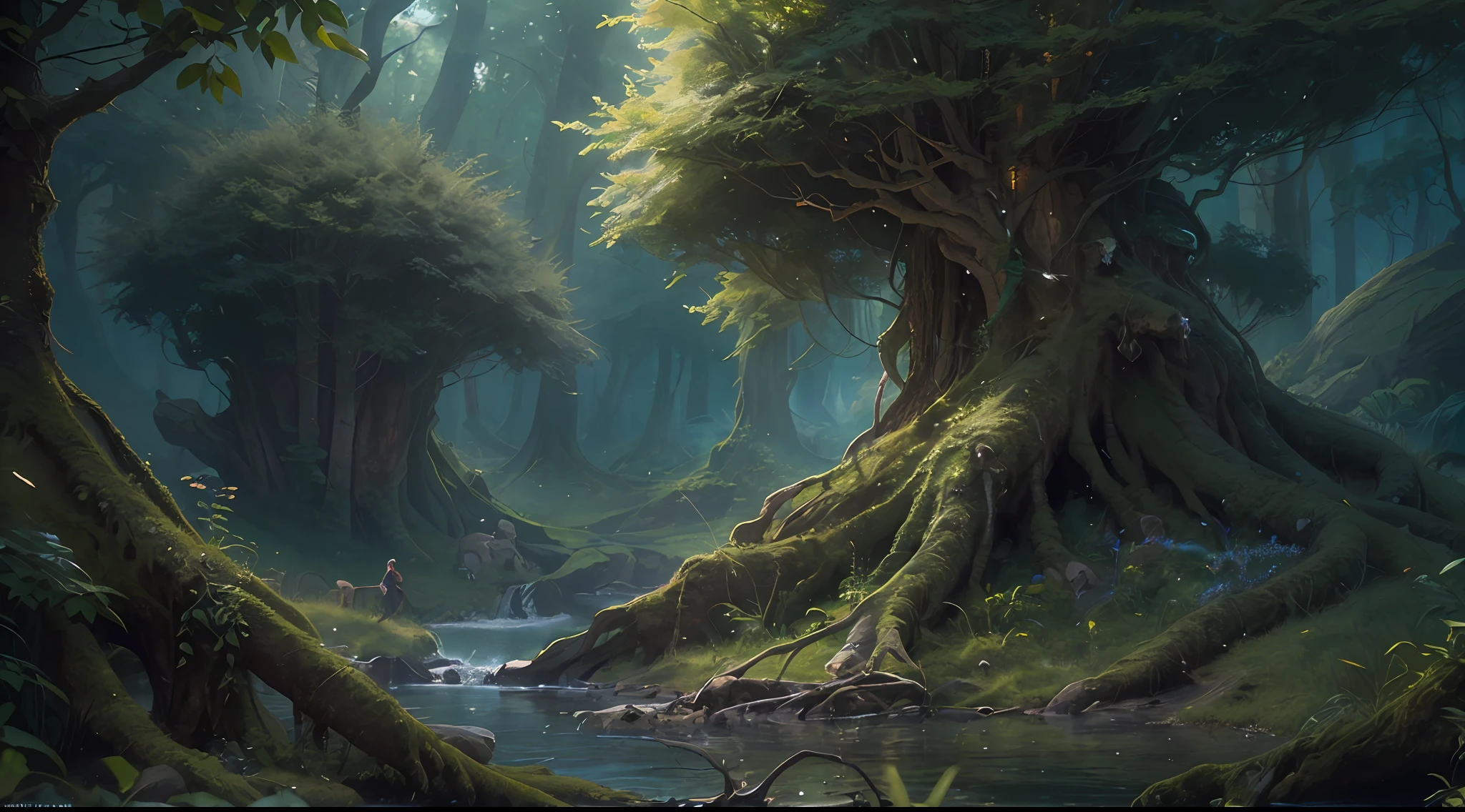 high details, best quality, 8k, [ultra detailed], masterpiece, best quality, (extremely detailed), dynamic angle, ultra wide shot, photorealistic, fantasy art, dnd art, rpg art, realistic art, an ultra wide picture of druid grove in a fantasy forest and its druid observing all, a fantasy forest (intricate details, Masterpiece, best quality: 1.5), many trees, a stream of water (intricate details, Masterpiece, best quality: 1.5), waterfall (intricate details, Masterpiece, best quality: 1.5), human female druid, full body (intricate details, Masterpiece, best quality: 1.5), exquisite beautiful woman druid (intricate details, Masterpiece, best quality: 1.5), ultra detailed face (intricate details, Masterpiece, best quality: 1.6), black hair, long hair, wavy hair (intricate details, Masterpiece, best quality: 1.5), dynamic eyes color, fair skin, wearing blue cloak (intense details, Masterpiece, best quality: 1.5), green robe (intricate details, Masterpiece, best quality: 1.5), cinematic light, pastoral atmosphere, divine light (intricate details, Masterpiece, best quality: 1.5), gods rays,