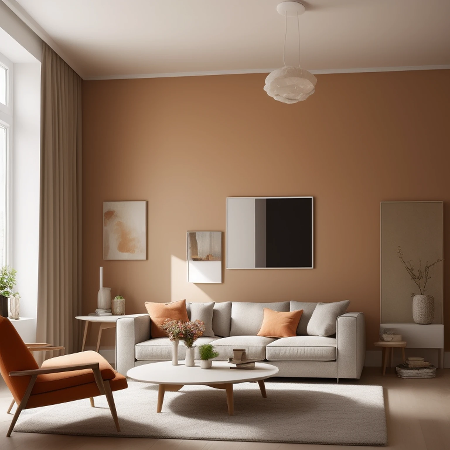 ((best quality)), ((masterpiece)), ((realistic)),living room, Modern minimalist Nordic style, Soft light, Pure picture, (Bright colors:1.2), Symmetrical composition, orange theme