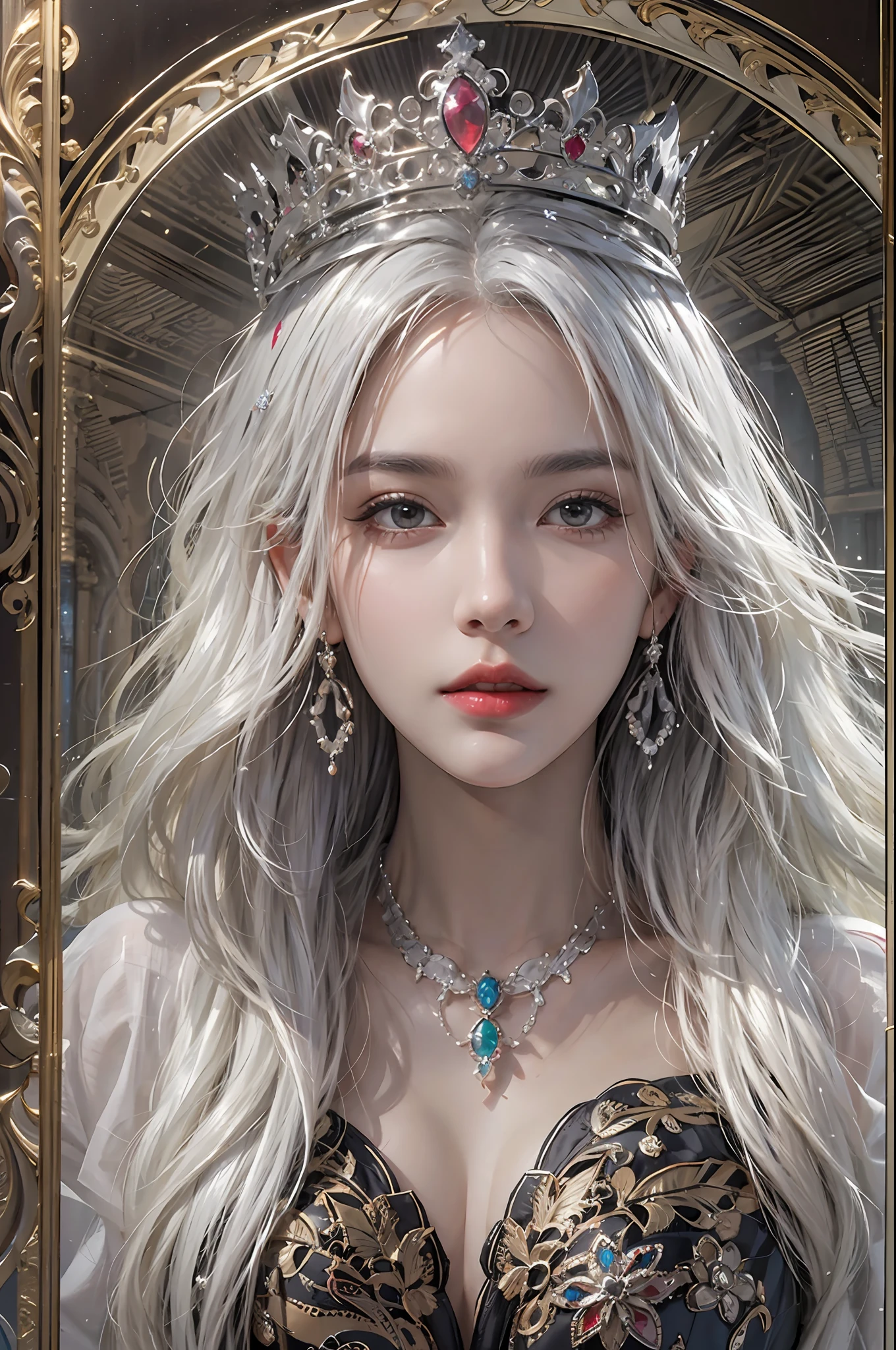 photorealistic, high resolution, 1women, solo, hips up, look at viewer, (detailed face), white hair, long hair, Miss Universe, crown, jewelry, tattoo