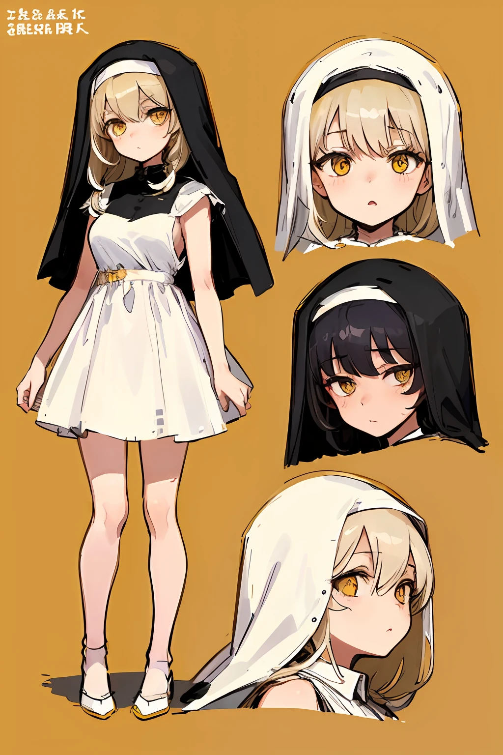 ((masterpiece)),(((best quality))),（character design sheet,Same role,frontage,Lateral face,on  back),illustration,1个Giant Breast Girl,character  design，greyt hair，Nun dress，Yellow eyes，simplebackground，white backgrounid