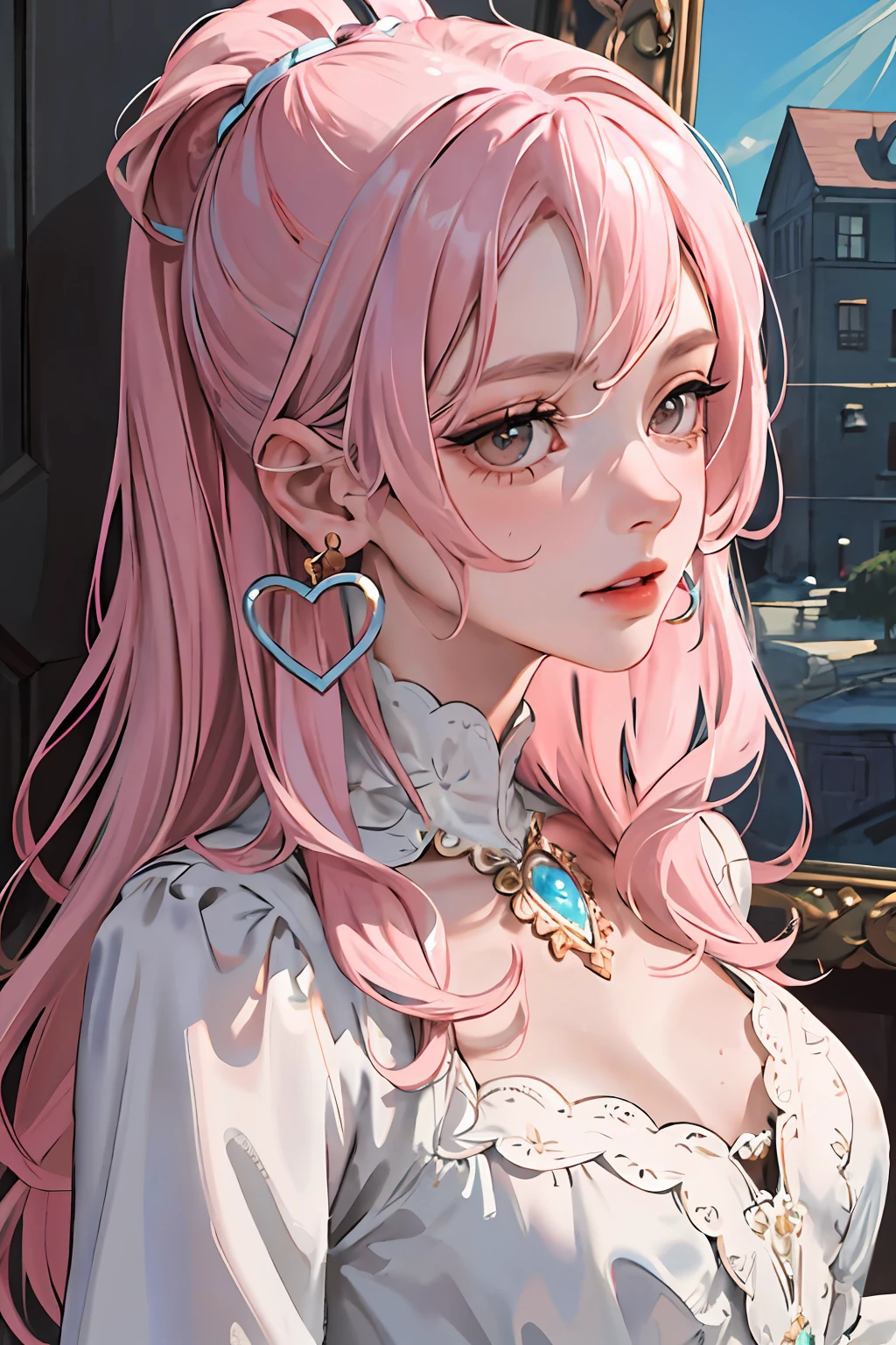 (masterpiece:1.2, best quality), (real photo, intricate details), solo, 1milf, house, close-up of face, dress, (front focus), large round earrings, jewelry, Looking at people, slightly wavy hair, long hair, pink hair, layered hair, heart lips, big round eyes, small breasts, thin, slim