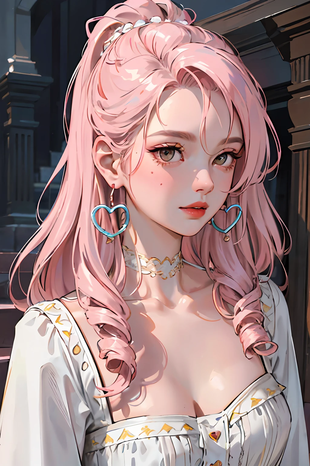 (masterpiece:1.2, best quality), (real photo, intricate details), solo, 1milf, house, close-up of face, dress, (front focus), large round earrings, jewelry, Looking at people, slightly wavy hair, long hair, pink hair, layered hair, heart lips, big round eyes, small breasts, thin, slim