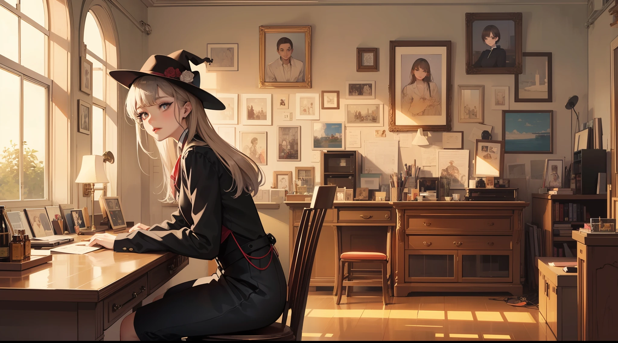 Masterpiece,Best quality,(Western,old school :1.2),illustration,Hat,Beautiful girl,Beautiful face,
looking at another,Alimentari,Indoors,Small room,Cluttered room,From the side Side,profile,clerk,Full color,The clerk sits and watches the customer
,(Seductive face and eyes),(Beautiful and detailed eyeliner),