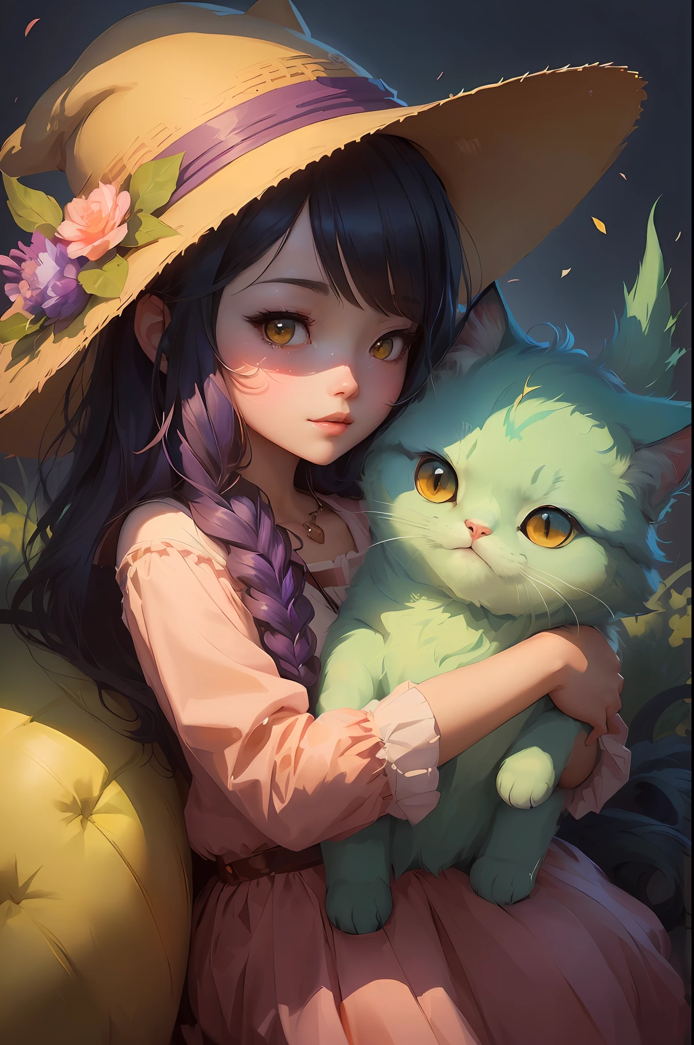 anime girl with a hat holding a cat in her arms, adorable digital painting, artwork in the style of guweiz, artgerm and atey ghailan, cute detailed digital art, loish and ross tran, loish and wlop, wlop and ross tran, wlop and sakimichan, jazza and rossdraws