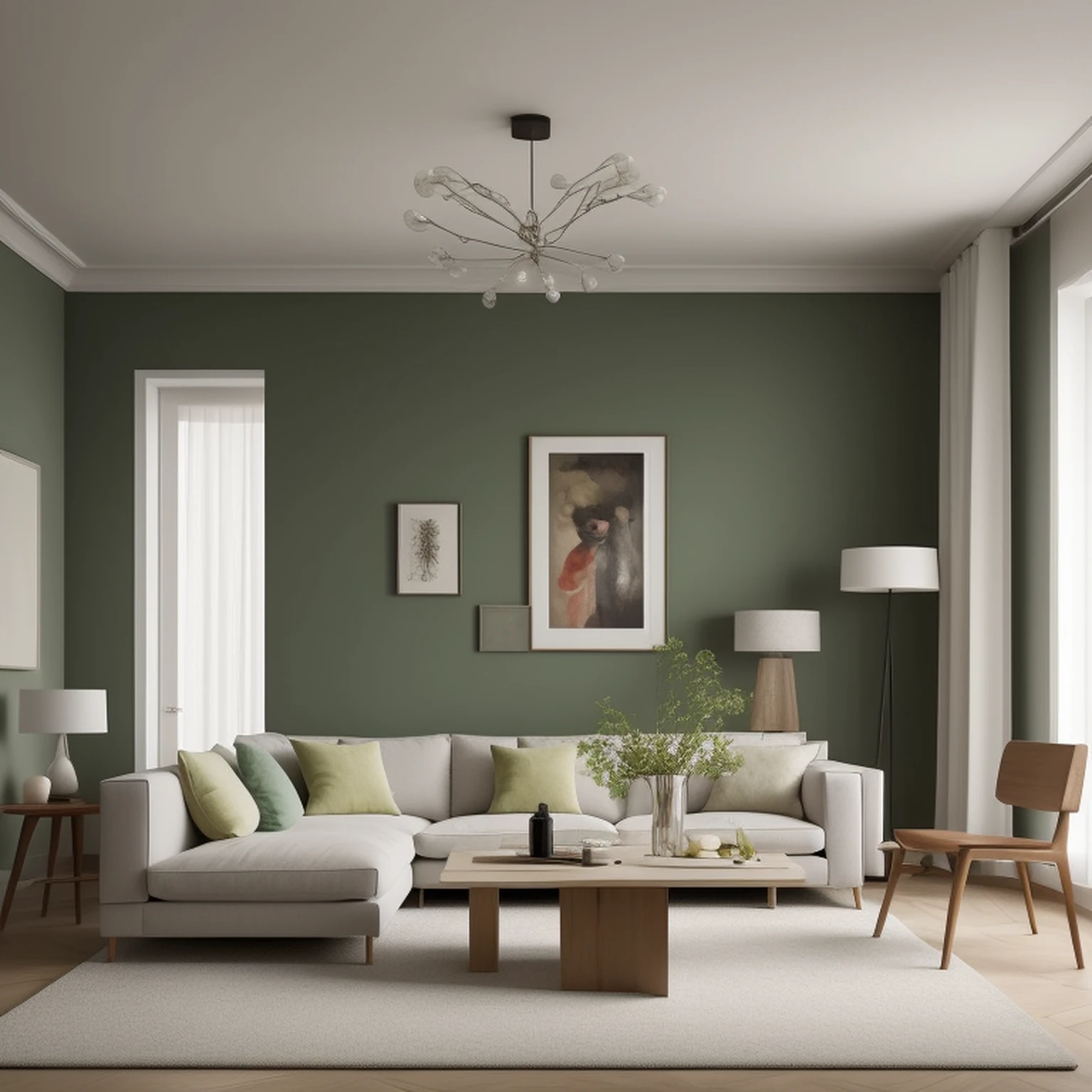 ((best quality)), ((masterpiece)), ((realistic)),living room, Modern minimalist Nordic style, Soft light, Pure picture, (Bright colors:1.2), Symmetrical composition, green theme