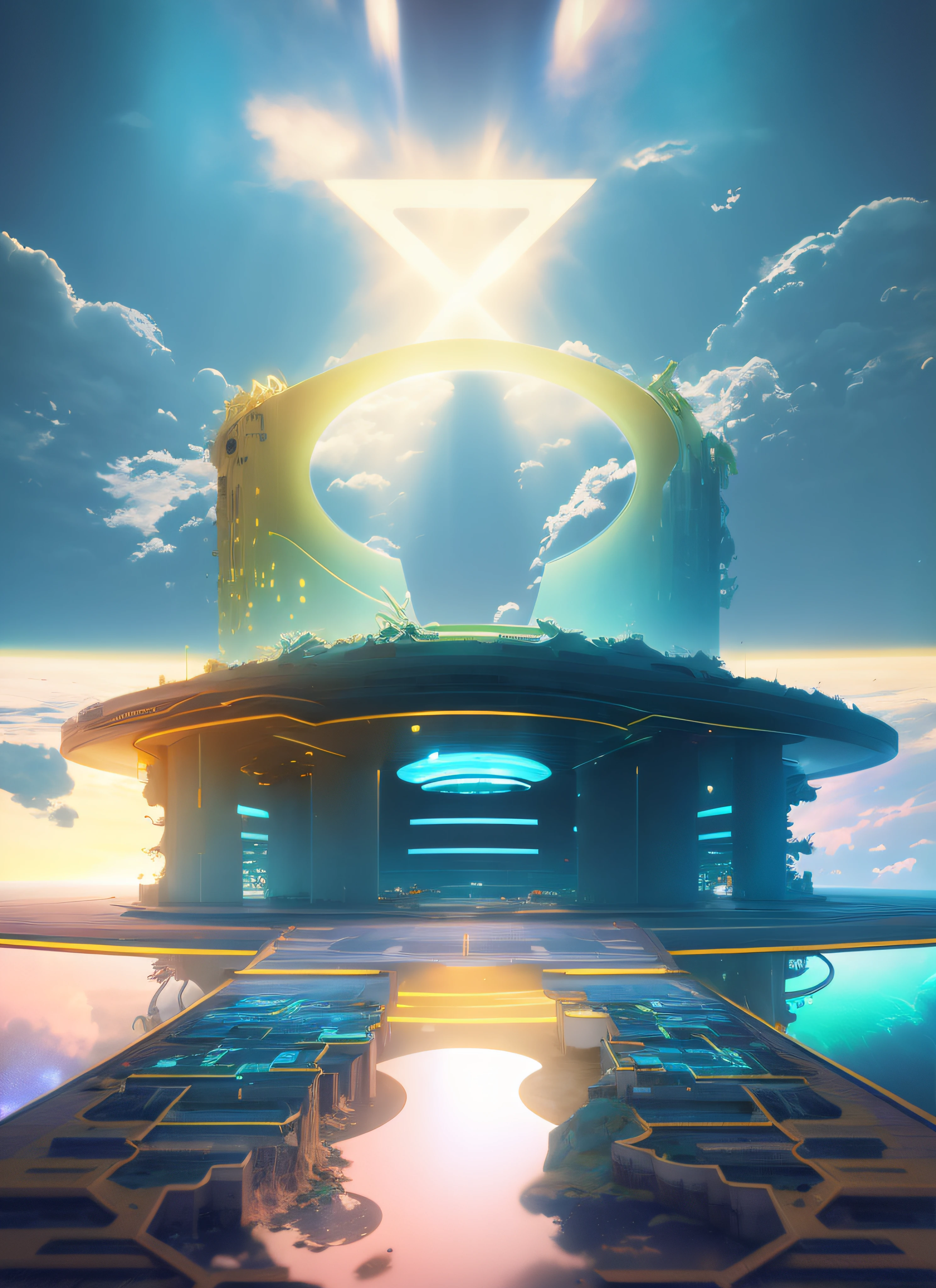 Anime - Style image of a futuristic building with a giant circular structure, arstation e bipe altamente, Futuristic setting, Porta de entrada para o futurismo, magic portal in the sky, Papel de parede solarpunk 4k, futuristic palace, em estilo de bipe, Artgem e Beeple Masterpiece, galactic temple, 3 d render bipe, arte conceitual archillect