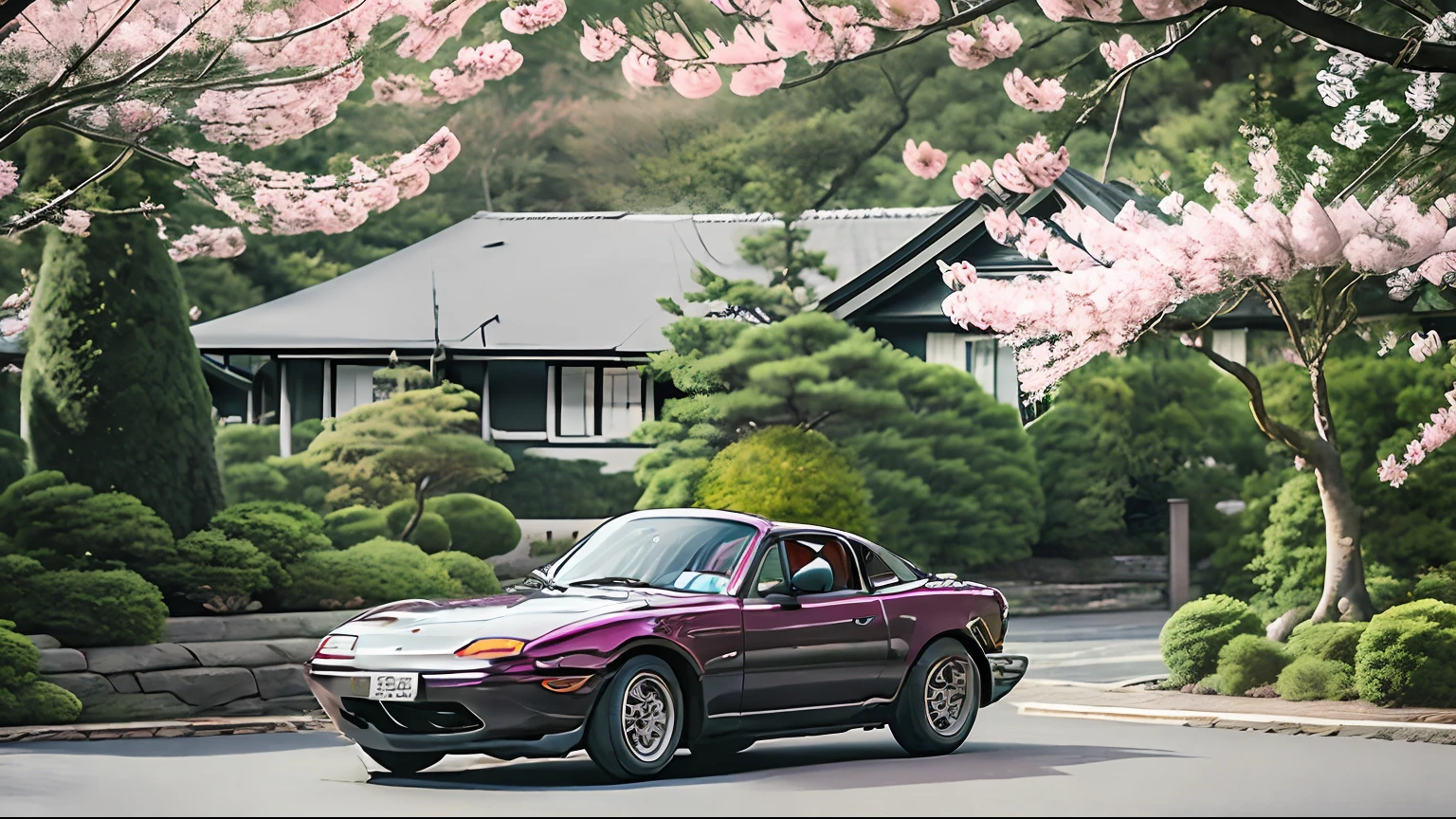 Under the overcast skies of a serene afternoon, a black Mazda sits elegantly in front of a charming Japanese house of traditional architecture. The cement brick walls form a solid and balanced backdrop for the car. The tranquil landscape is accentuated by the presence of a budding Sakura cherry tree, its delicate pink petals contrasting in a sublime way with the environment. The scene evokes a sense of harmony between the modernity of the Mazda and the timeless serenity of Japanese culture.