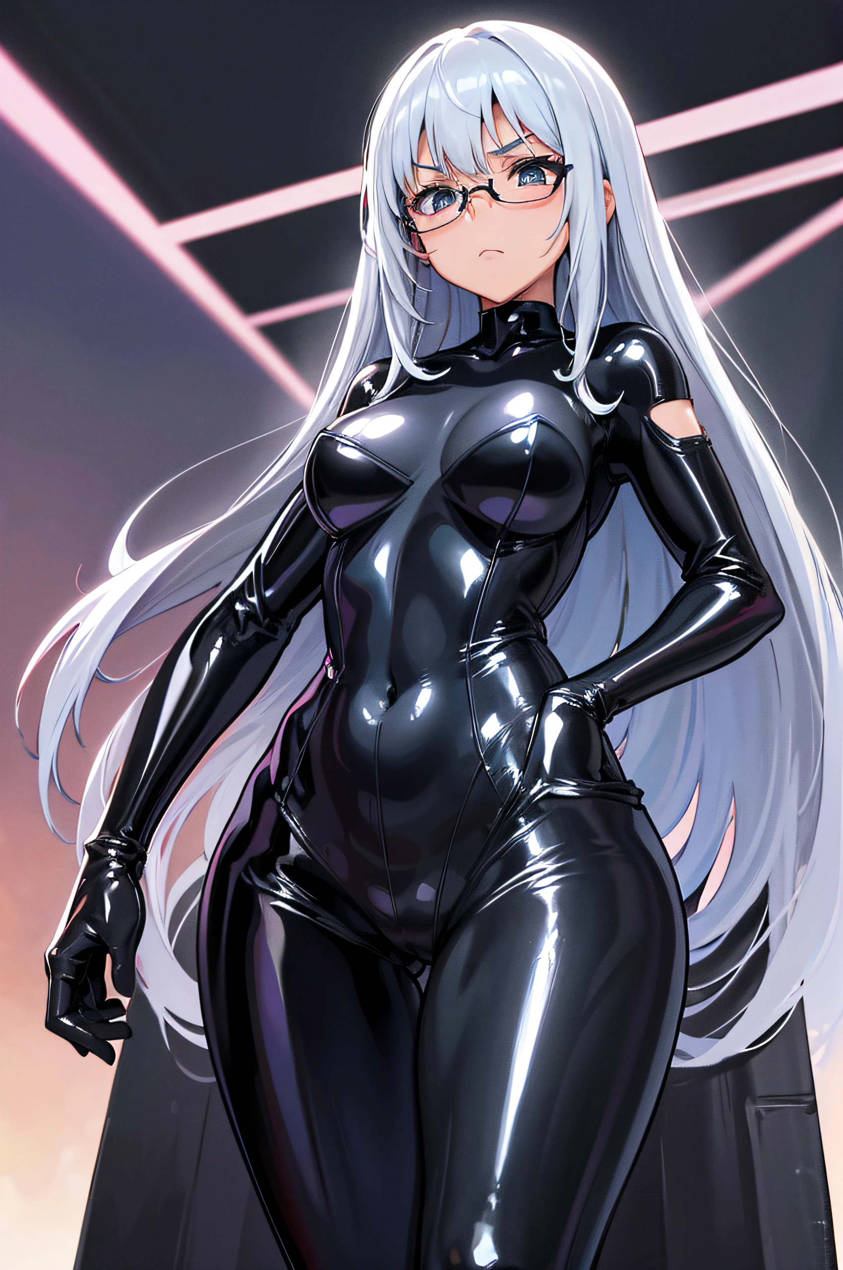 5 8K UHD、A beautiful woman with shiny black rider suit silver hair and a small nose with shiny black rider suit hidden by the tips of black shiny fingers wearing glasses is looking down while opening her crotch wide and thrusting her hips forward.、Late night city、Shiny black latex slider suit with hidden skin、Shiny black latex slider suit、A beautiful woman with a small nose is peeking out、Beautiful-nosed woman with open legs with no expression and upward eyes、Beauty with a small nose standing with her crotch open、NSFW
