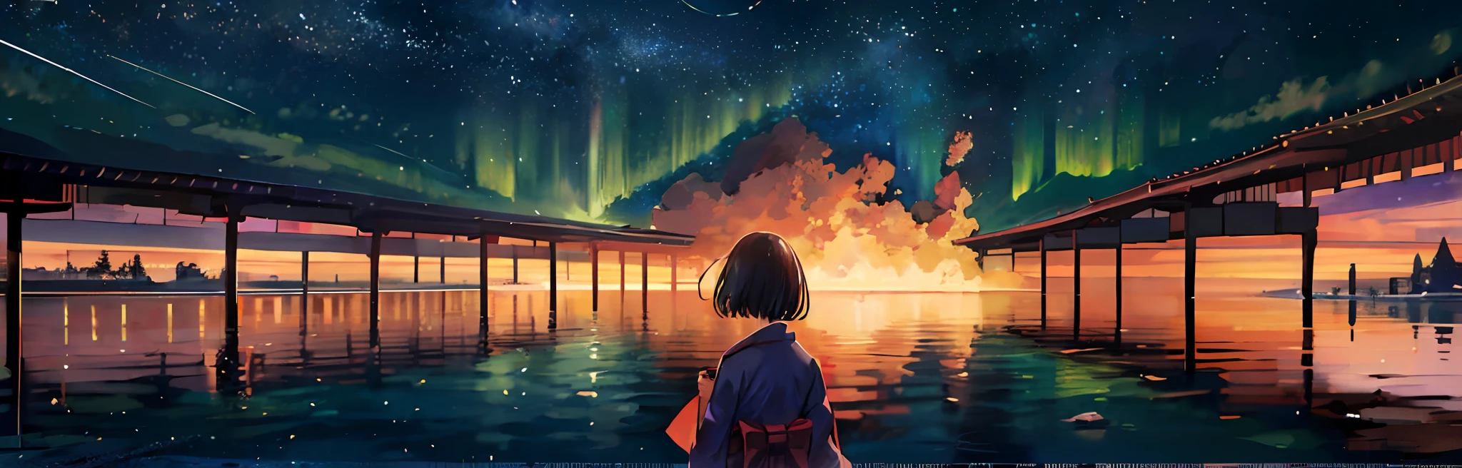 1girl, a distant girl in a kimono staring at the stars, (zoomed out: 1.1), (meteor shower: 1.2), (comet: 1.1), your name, low angle, from behind, northern lights, shooting stars, yukata, red kimono, cherry blossoms, Standing in the field, best quality, masterpiece, cloud, colorful, starry, stars,