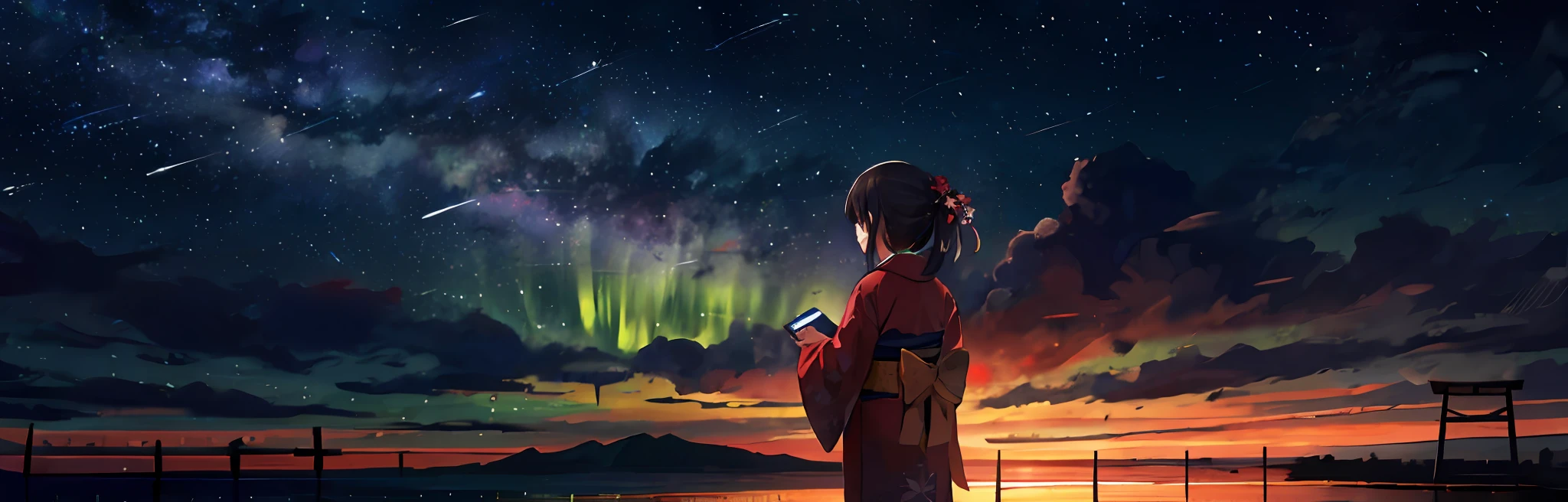 1girl, a distant girl in a kimono staring at the stars, (zoomed out: 1.1), (meteor shower: 1.2), (comet: 1.1), your name, low angle, from behind, northern lights, shooting stars, yukata, red kimono, cherry blossoms, Standing in the field, best quality, masterpiece, cloud, colorful, starry, stars,