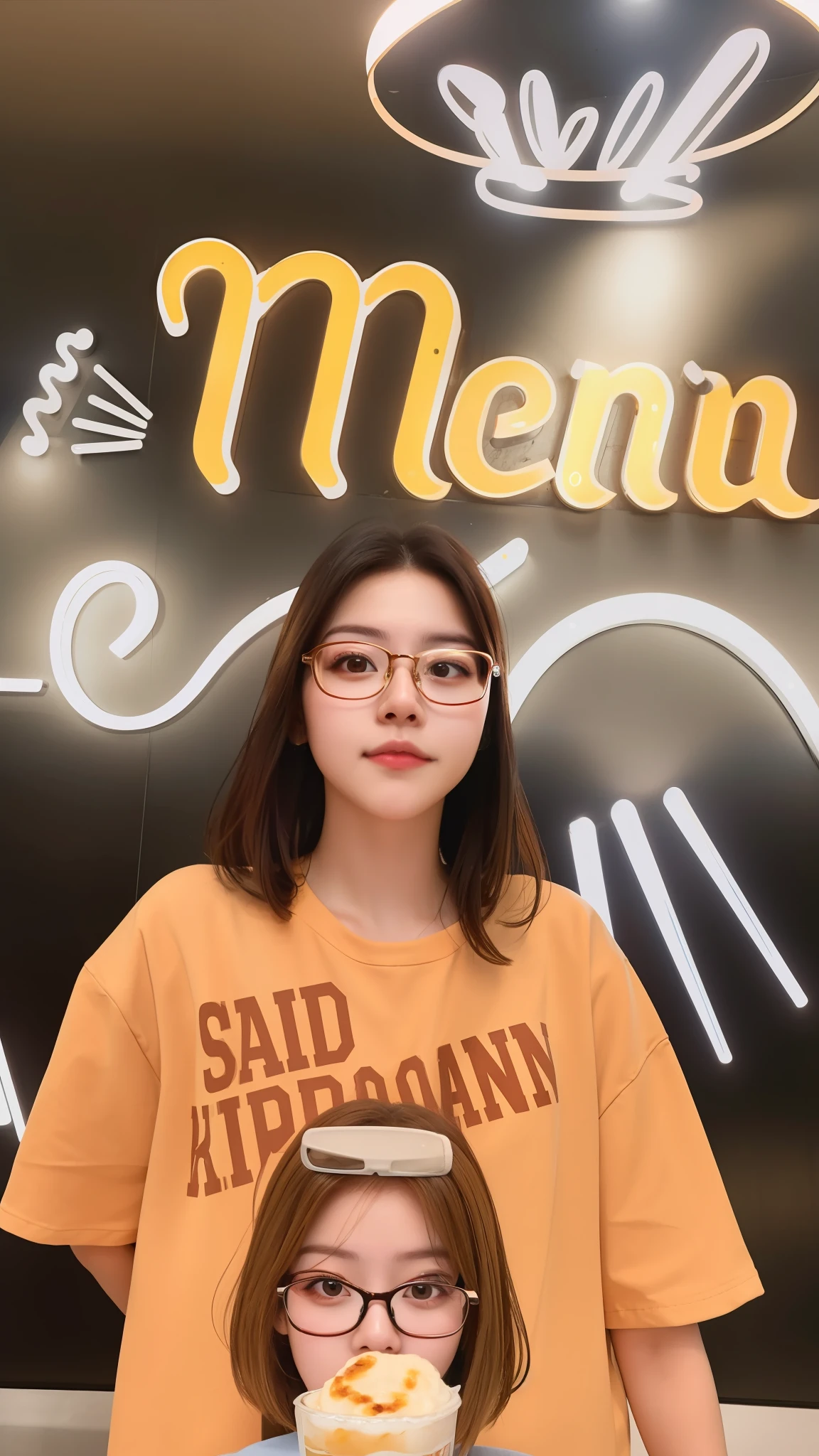 A girl wearing glasses reflecting led light standing infront of a restaurant wall, realistic, lookalike, look alike, straight eyes