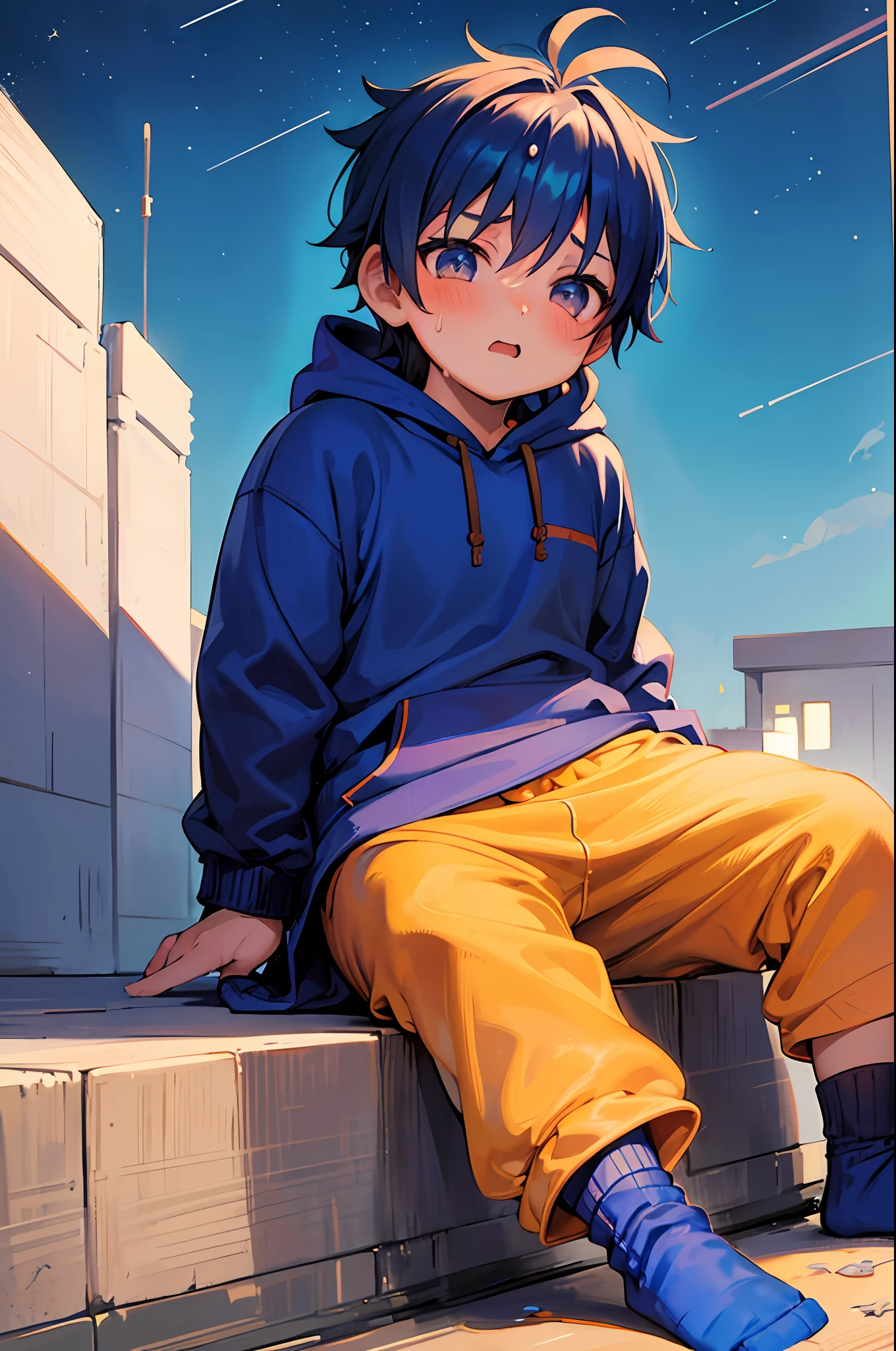 chubby Little boy with royal blue hair and shiny orange eyes and colorful socks wearing a hoodie, and oversized sweatpants laying on a field, blushing, drooling, young, boy, child, small, toddler, sparkles falling from sky, night, dark, soft light, (sweatpants:1.4), (socks:1.4), (little boy:1.4), (shota:1.4),