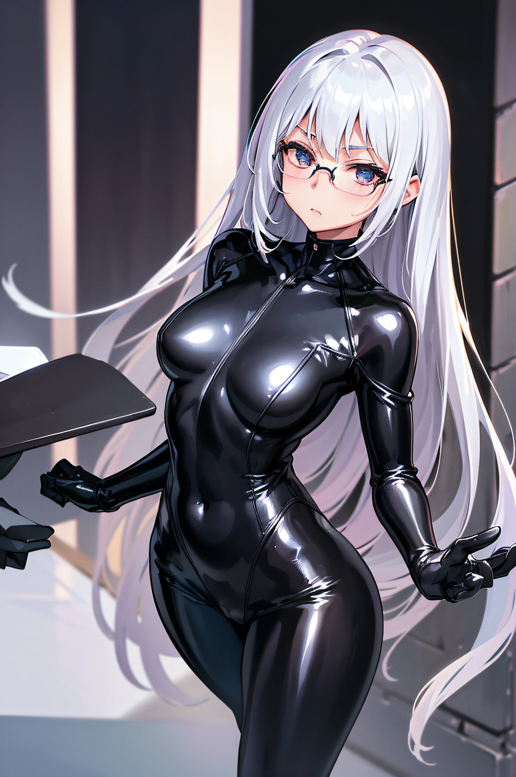 5 8K UHD、A beautiful woman with shiny black rider suit silver hair and a small nose with shiny black rider suit hidden by the tips of black shiny fingers wearing glasses is looking down while opening her crotch wide and thrusting her hips forward.、Late night city、Shiny black latex slider suit with hidden skin、Shiny black latex slider suit、A beautiful woman with a small nose is peeking out、Beautiful-nosed woman with open legs with no expression and upward eyes、Beauty with a small nose standing with her crotch open、NSFW