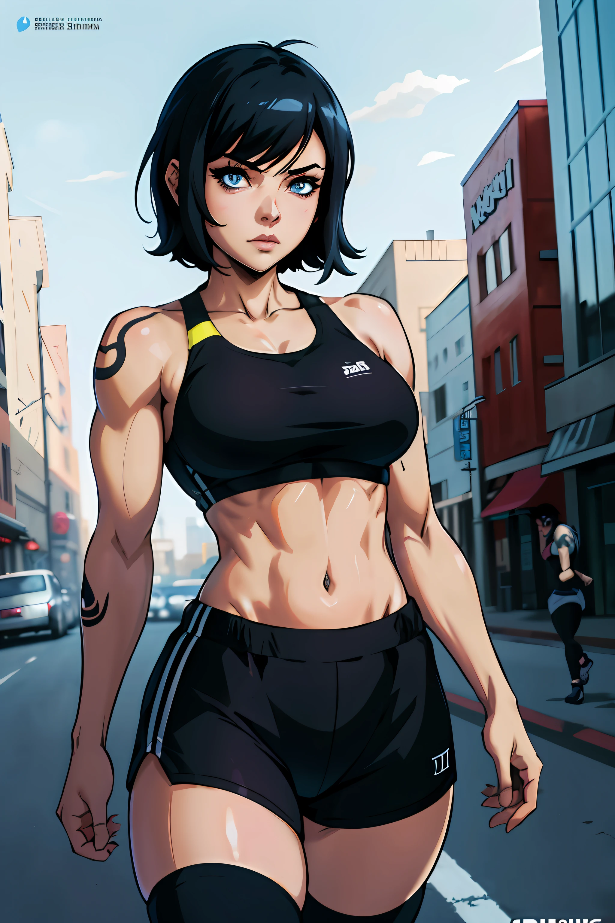 1 girl alone, alone, short hair, black hair, blue eyes, Anime girl with tattoos posing in a black outfit in a city, fitness outfit, exercise clothes, bikini, digital anime art, anime girl, female anime girl, anime art, muscular!, big oppai, Ilya Kuvshinov, badass anime 8k, anime art,