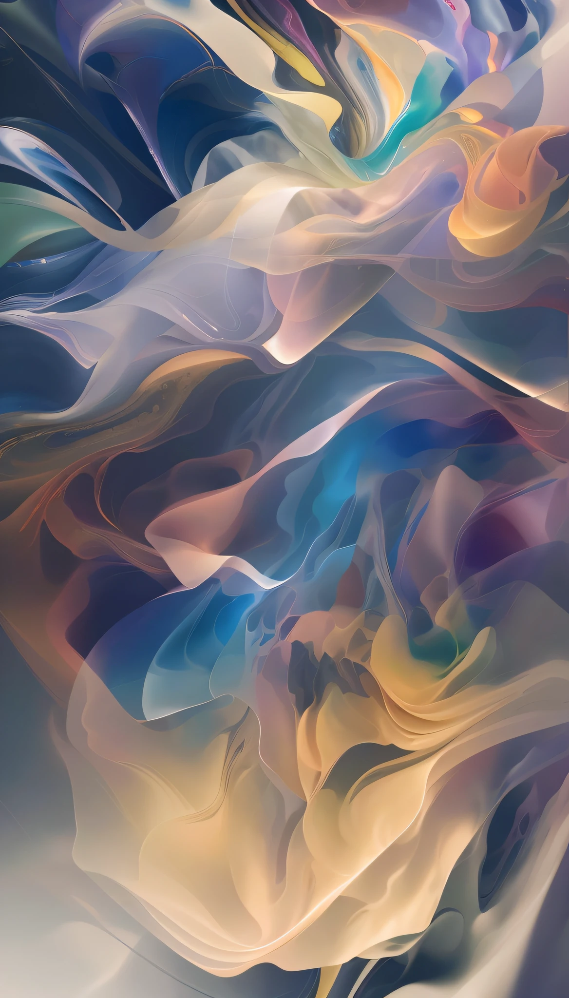 Abstract painting with flowing fabric swirls on blue and yellow background, a digital painting by Anna Füssli, shutter inventory, generative art, soft organic abstraction, Ethereal background, opalescent night background, ethereal abstract, glossy digital painting, intricate flowing paint, softly swirling magical energy, 4k highly detailed digital art, abstract liquid, flowing material