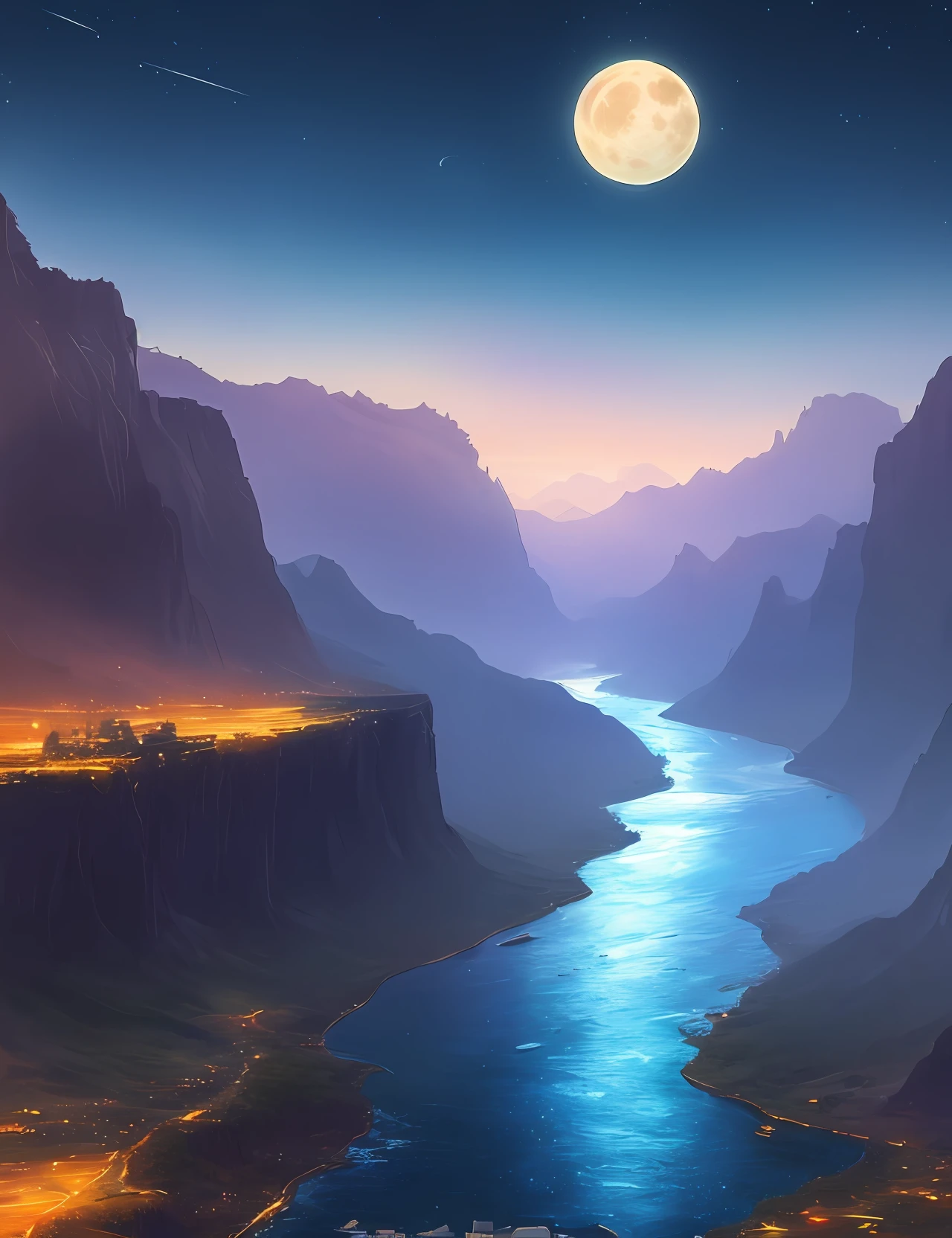 Painting of a river with stars and moon floating in the sky、Lots of meteor showers 、Concept art inspired by Mitsuoki Tosa、Pixiv Contest Winners、top-quality、Fantasyart、beautiful anime scene、Golden Moon。Bright moon、Starry sky environment under moonlight、Dream painting、anime background art、Fantasy landscape art、Dreamy night、anime backgrounds、Background artwork、dreamlike art、atmospheric anime、starrysky、details enhanced。