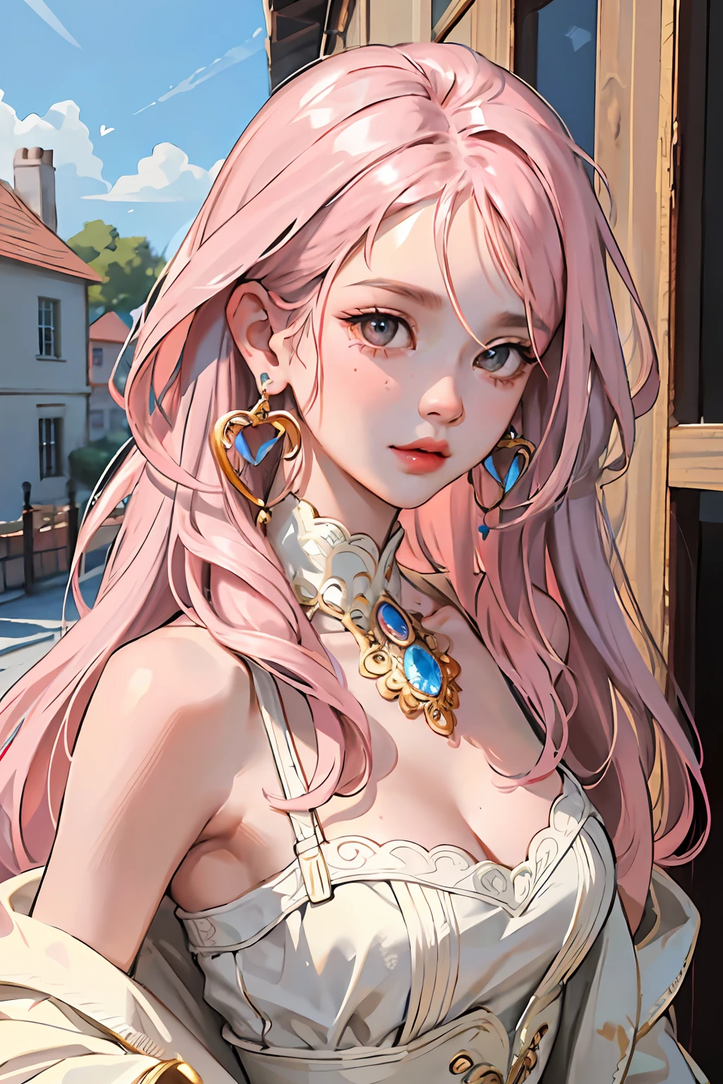 (masterpiece:1.2, best quality), (real photo, intricate details), solo, 1milf, house, close-up of face, dress, (front focus), large round earrings, jewelry, Looking at people, slightly wavy hair, long hair, pink hair, layered hair, heart lips, big round eyes, small breasts, thin, slim