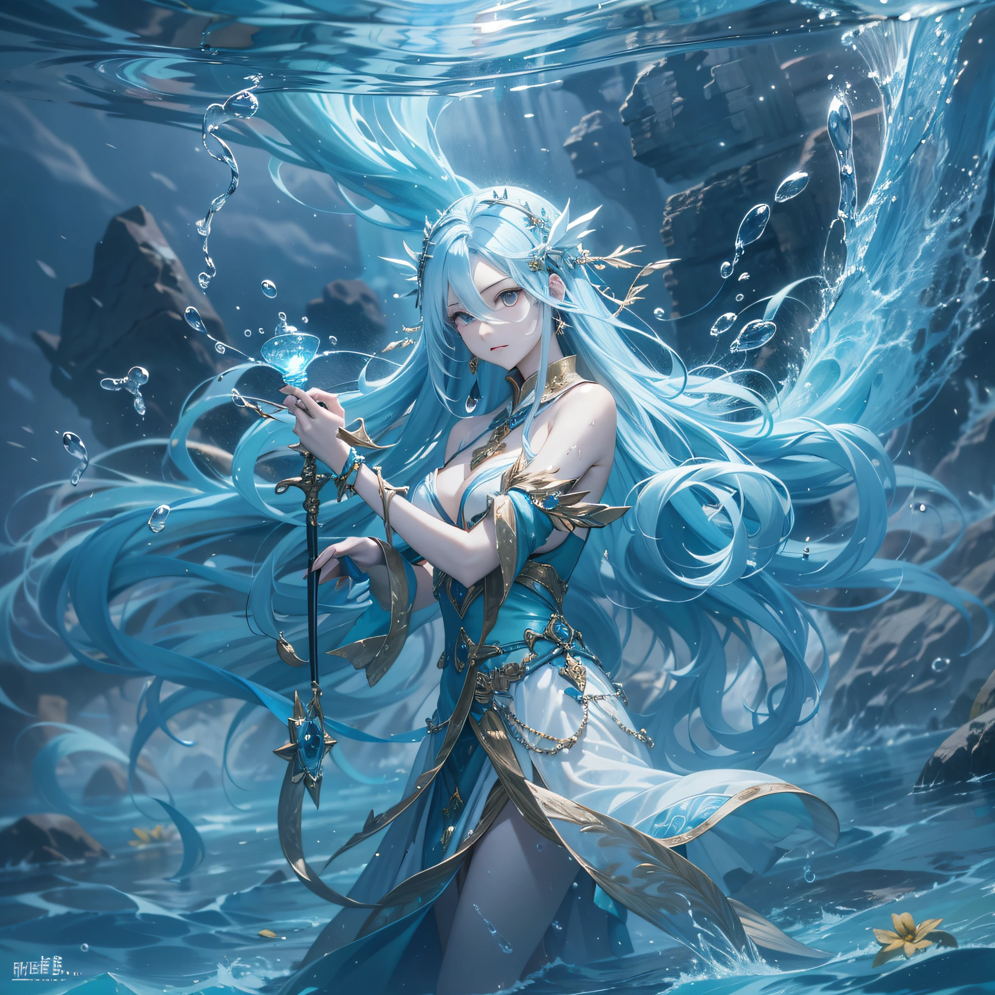 Water Goddess、A beautiful goddess with long light blue hair who freely manipulates water、Combat stance、​masterpiece、realisitic