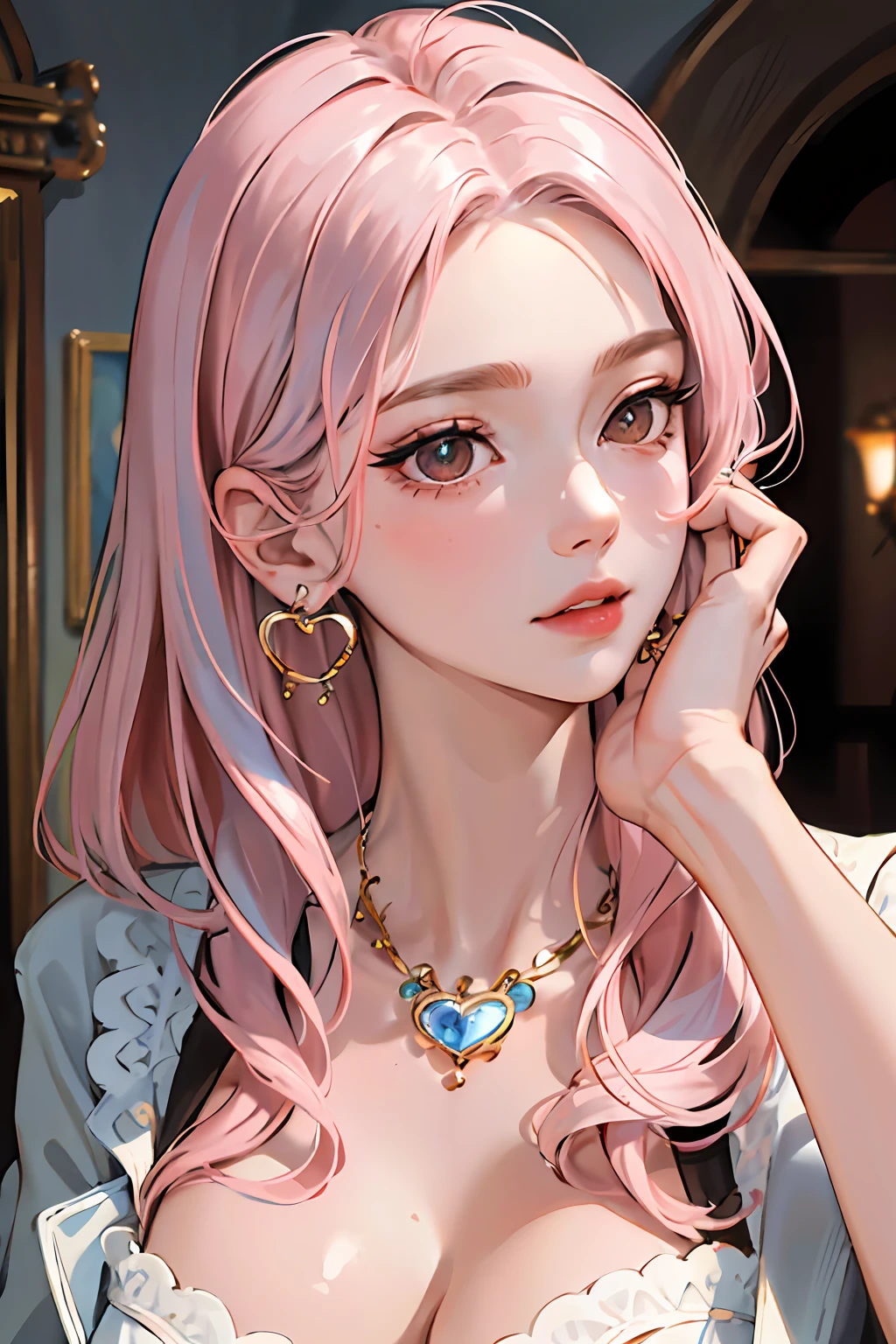 (masterpiece:1.2, best quality), (real photo, intricate details), solo, 1milf, house, close-up of face, dress, (front focus), large round earrings, jewelry, Look at me, slightly wavy hair, long hair, pink hair, layered hair, heart lips, big round eyes, small breasts