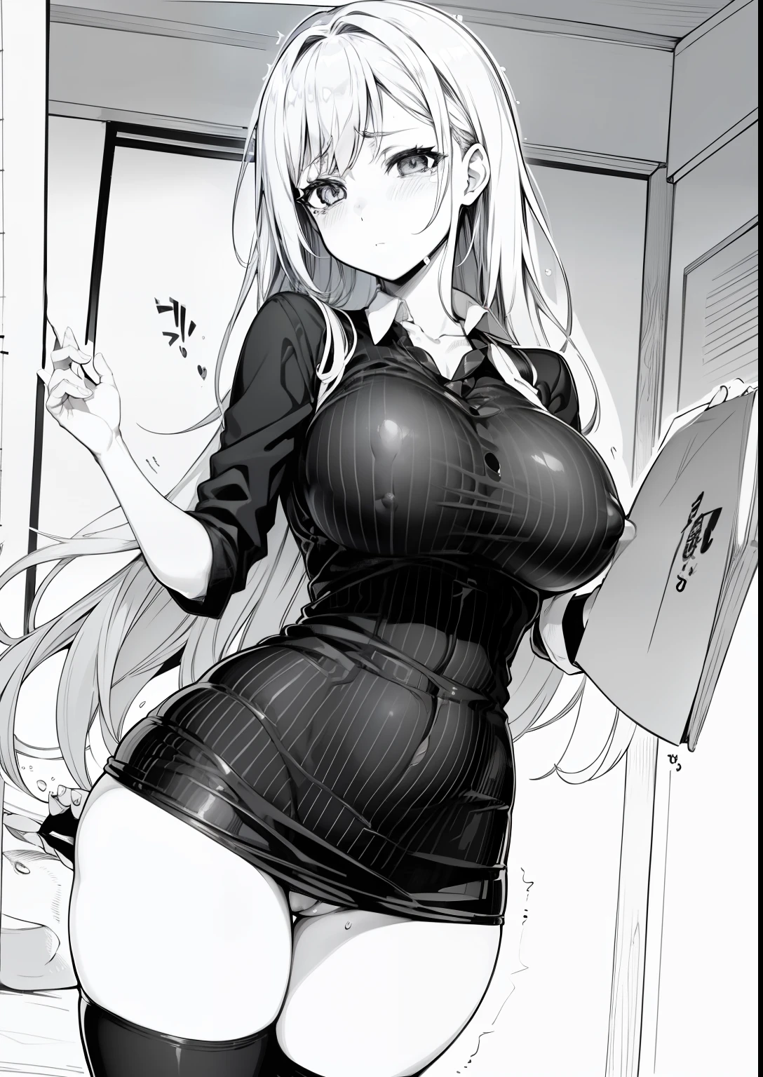 Anime woman in a striped shirt, school teacher, black and white manga page, black and white manga style, black and white manga comic, black and white manga, black and white manga panel, manga page, doujin, manga scans, in style of manga, detailed manga style, manga illustration, xray inside woman, by Hi_mekuriguri, twitter artist hi_mekuriguri,1girl, 1boy, indoors, sex scene, dick in pussy, uterus, pleading expression, tears, facing viewer, wide hips, large breasts, nipples, perky breasts, inside view of vagina, cervix
