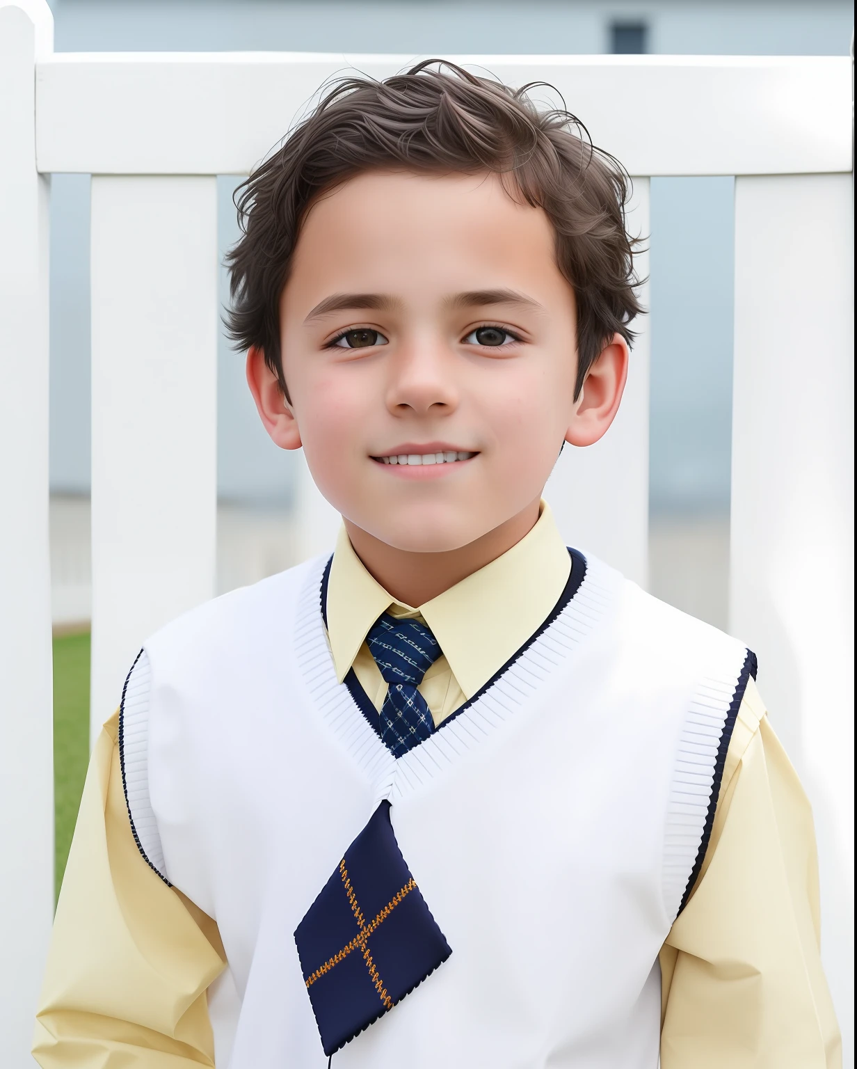 Alafeld boy in sweater vest and tie standing in front of a white fence, wearing a vest and a tie, in school uniform, in school uniform, boy has short black hair, wearing a shirt with a tie, school uniform, Windsor tie, Clear detail, Young boy, mid shot portrait, full protrait, detailed portrait shot, Medium portrait