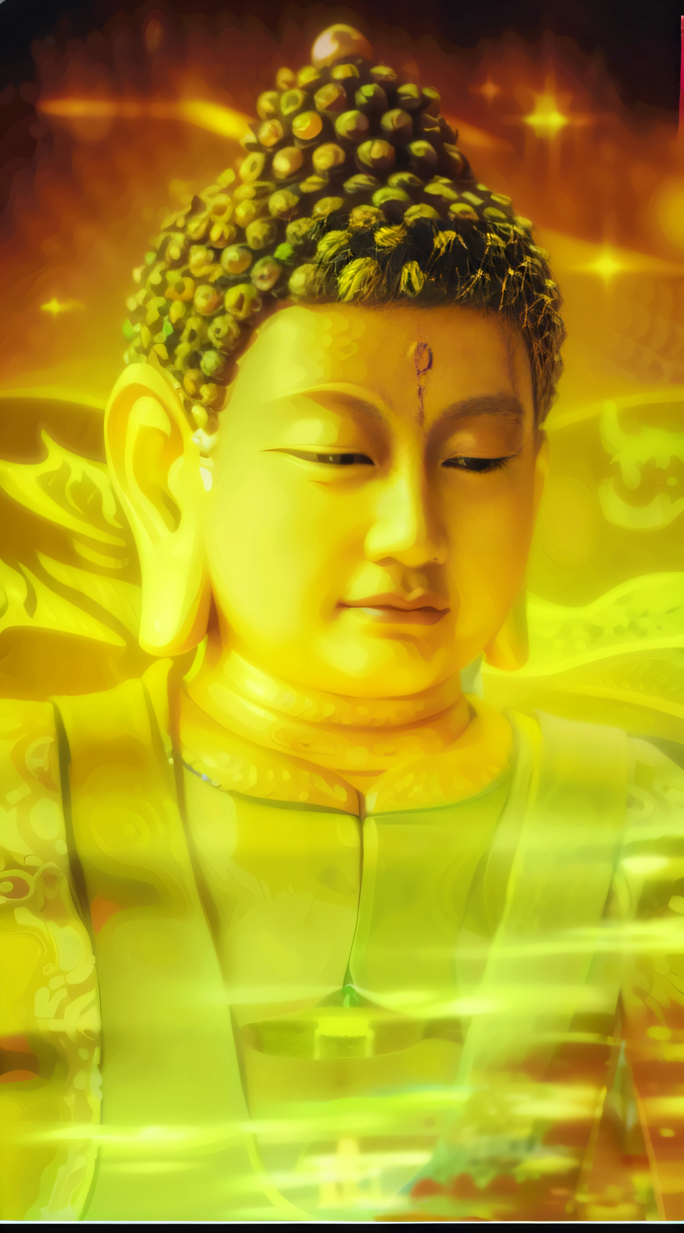 Close-up of a statue of a man with the sky as a background, Buddha, a Buddhist Buddha, Buddhism, samsara, Buddhist, Beautiful image, buddhist art, Serene expression, yellow aura, Enlightened, puṣkaracūḍa, serene, artistic depiction, Peaceful face, peaceful expression, Meditation, enlightening, bodhisattva，8K quality，Master handwriting，hyper HD
