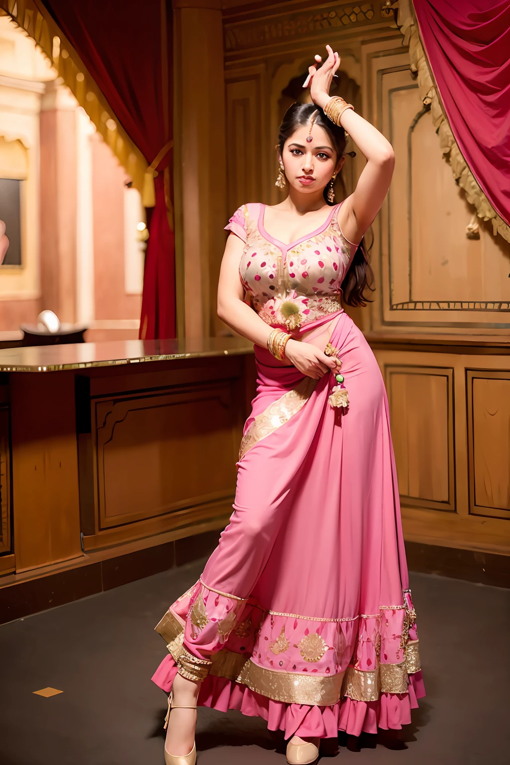 a woman is posing for a photo,(wearing indian_dance_dress:1.3), pink dress, 
good hand,4k, high-res, masterpiece, best quality, head:1.3,((Hasselblad photography)), finely detailed skin, sharp focus, (cinematic lighting), collarbone, night, soft lighting, dynamic angle, [:(detailed face:1.2):0.2],(((exhibition inside theater))),