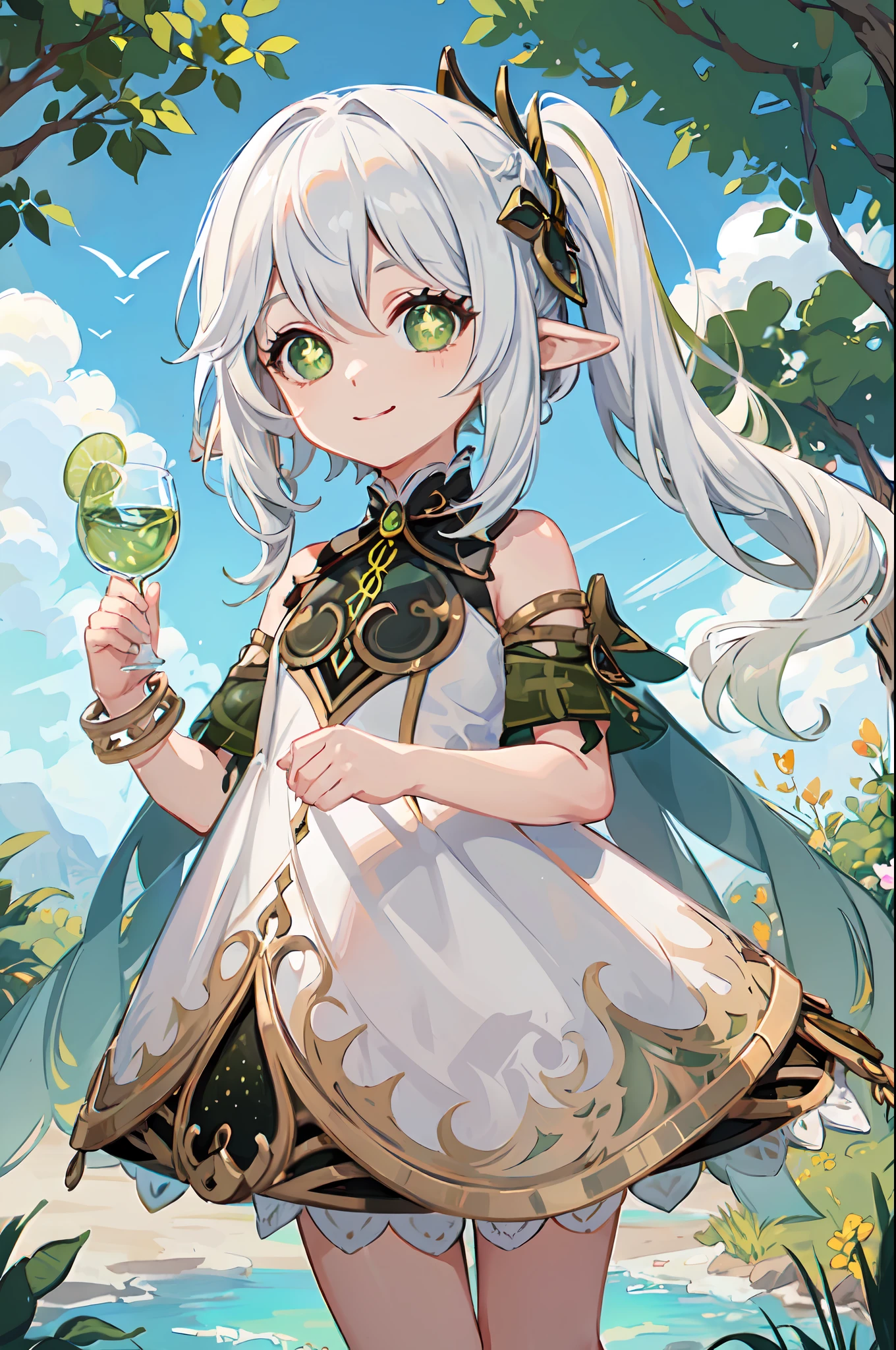 (RAW photo,best quality,high quality, masterpiece:1.2),1girl,loli,young face,young girl,Nahida(genshin impact),cross shaped pupils,default dress,green cape,white hair,smile