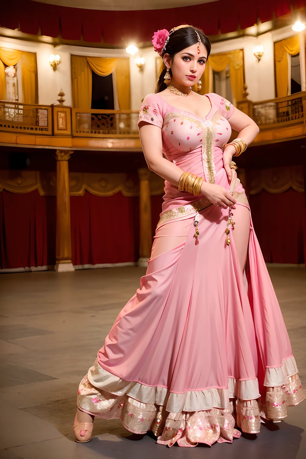a woman is posing for a photo,(wearing indian_dance_dress:1.3), pink dress, 
good hand,4k, high-res, masterpiece, best quality, head:1.3,((Hasselblad photography)), finely detailed skin, sharp focus, (cinematic lighting), collarbone, night, soft lighting, dynamic angle, [:(detailed face:1.2):0.2],(((exhibition inside theater))),