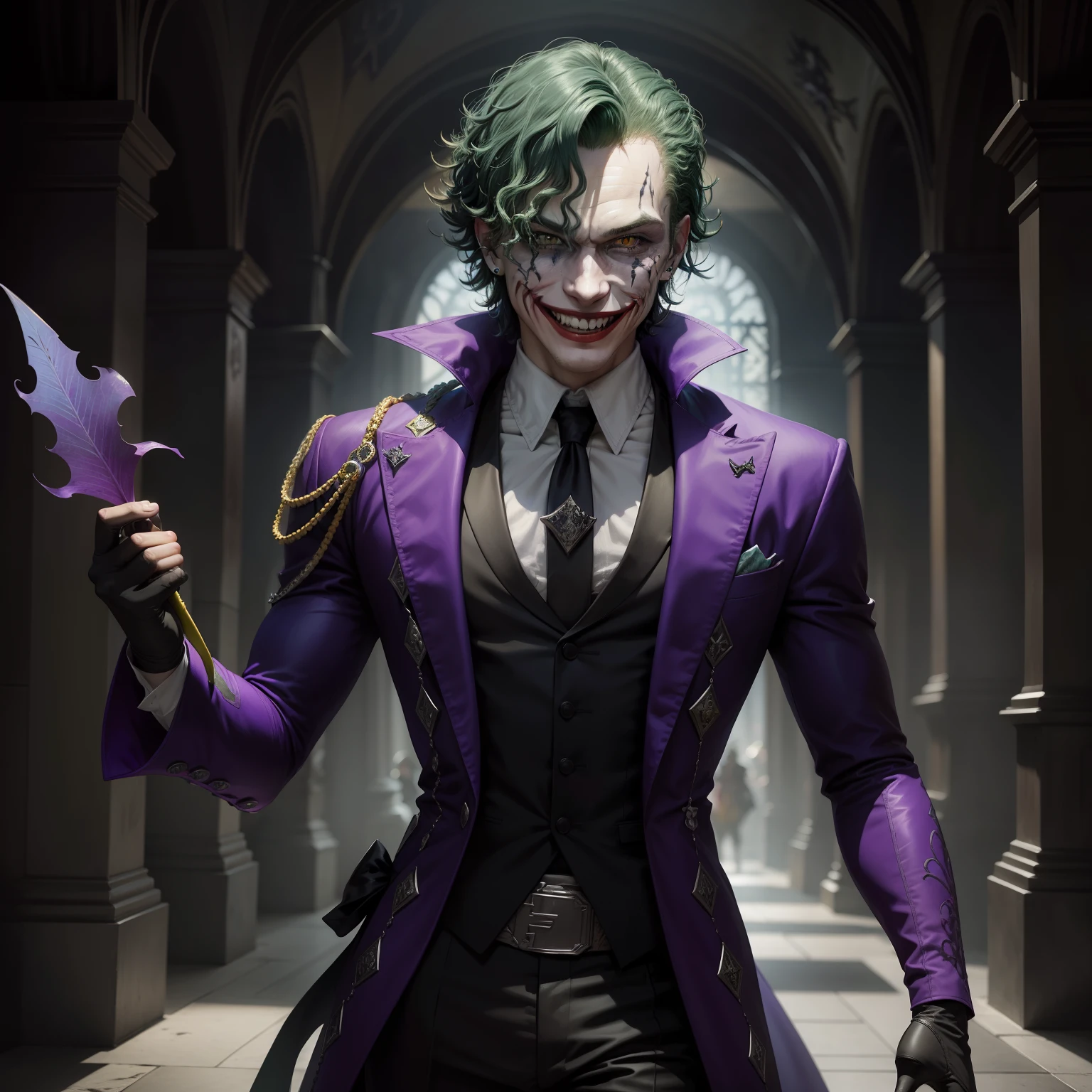 Coringa de Heath Ledger em um RPG de fantasia sombria, Escuro, fantasia, medieval, horror, Colouring, Coringa do filme Cavaleiro das Trevas, cabelos verdes, rosto branco com maquiagem borrada preta e vermelha, joker from dc comica, smiling at the camera, yellow teeth