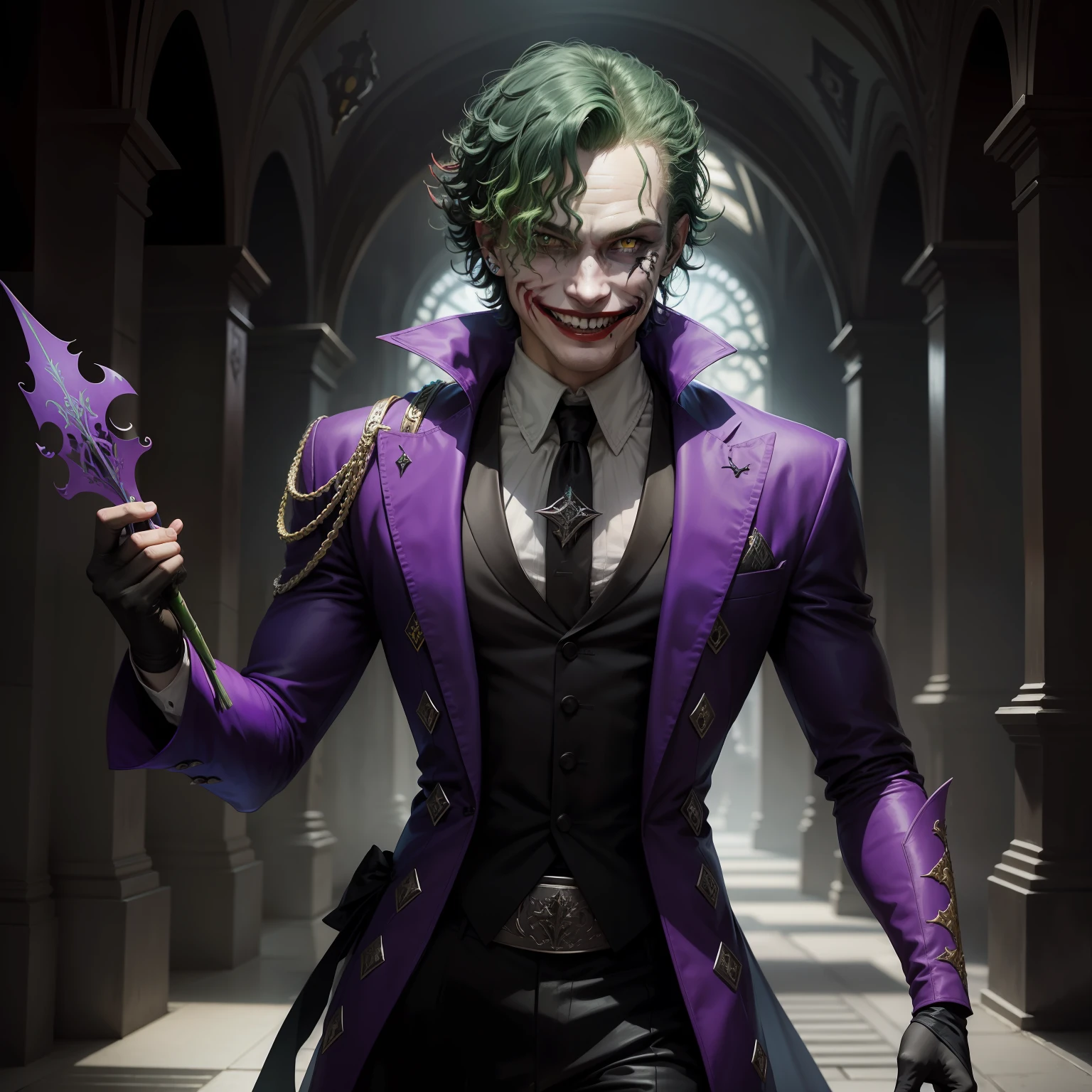 Coringa de Heath Ledger em um RPG de fantasia sombria, Escuro, fantasia, medieval, horror, Colouring, Coringa do filme Cavaleiro das Trevas, cabelos verdes, rosto branco com maquiagem borrada preta e vermelha, joker from dc comica, smiling at the camera, yellow teeth