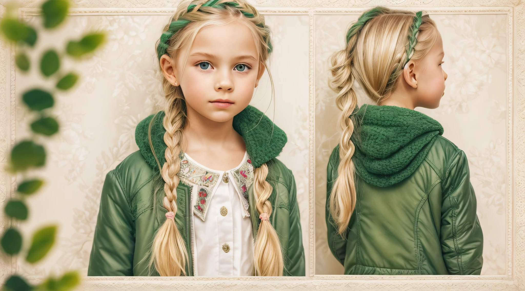 Girl , Russian blonde in braids, portrait, com roupa de jaqueta de couro green ASSS DE ANJO , fundo de bolas de fogo verde. --auto --s2