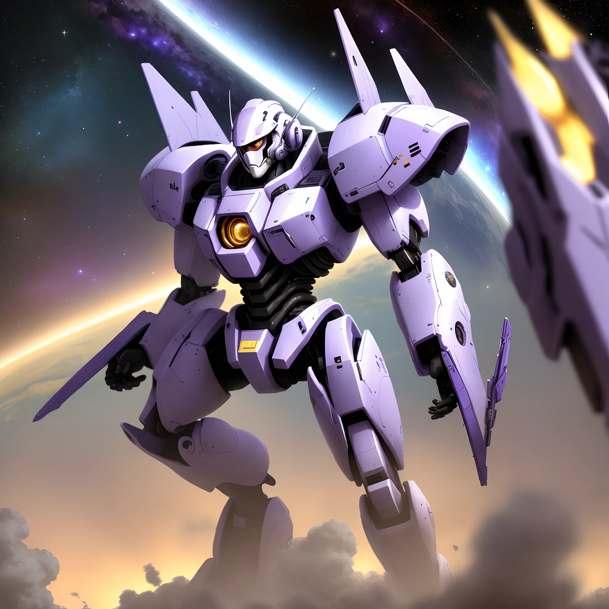 Mecha white purple in space move looking up