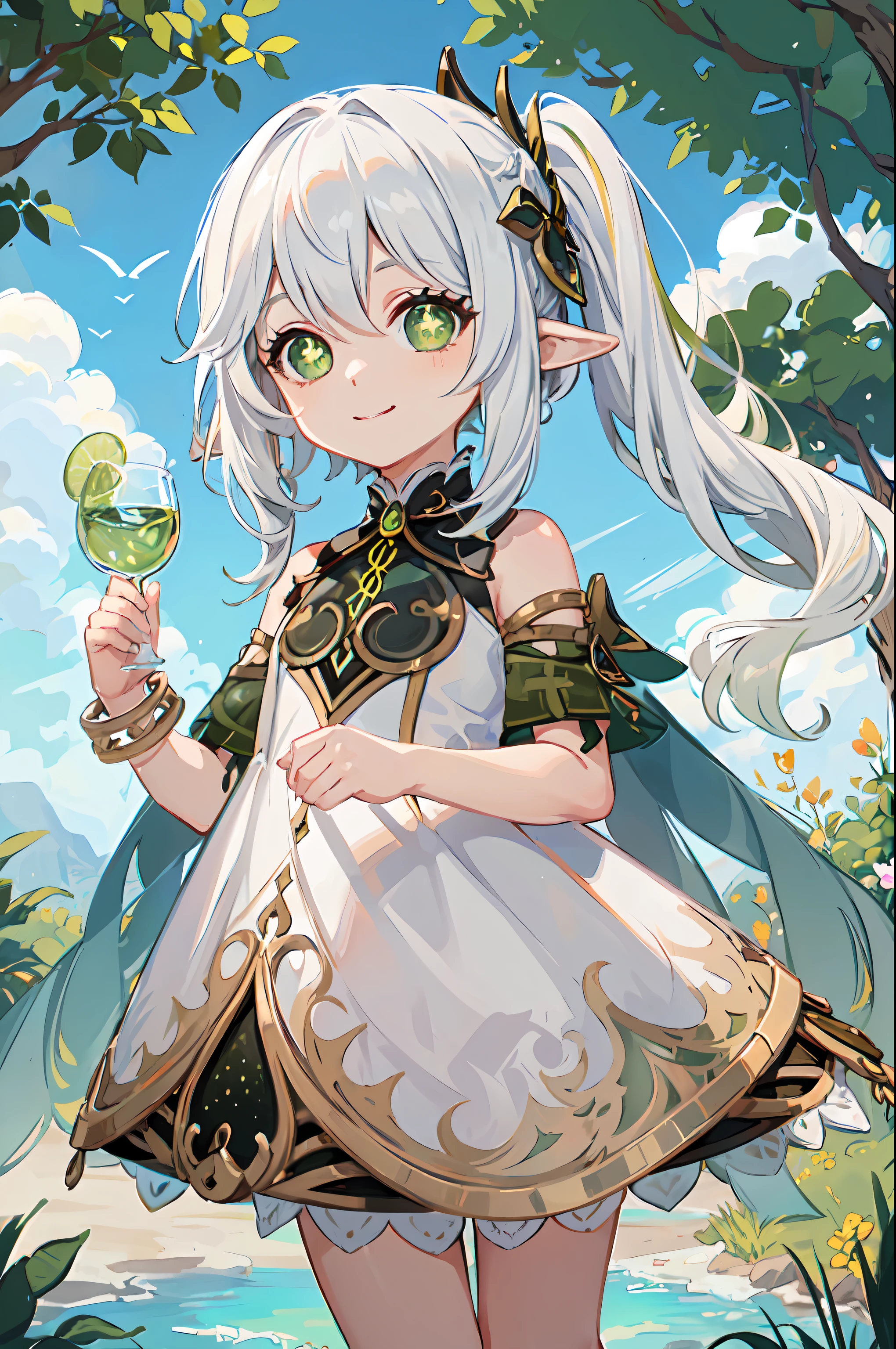 (RAW photo,best quality,high quality, masterpiece:1.2),1girl,****,young face,young girl,Nahida(genshin impact),cross shaped pupils,default dress,green cape,white hair,smile