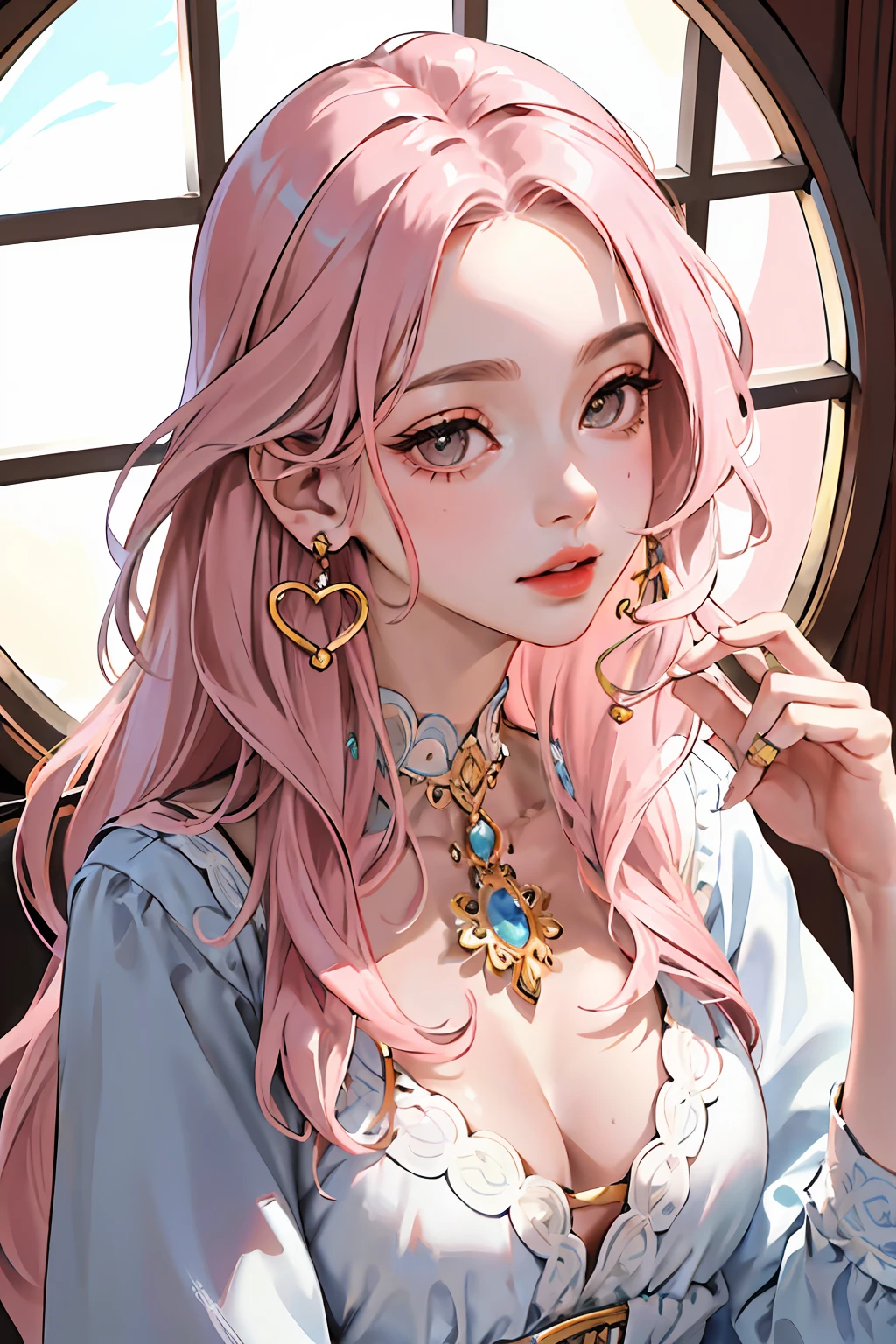 (masterpiece:1.2, best quality), (real photo, intricate details), solo, 1milf, house, close-up of face, dress, (front focus), large round earrings, jewelry, Look at me, slightly wavy hair, long hair, pink hair, layered hair, heart lips, big round eyes, small breasts