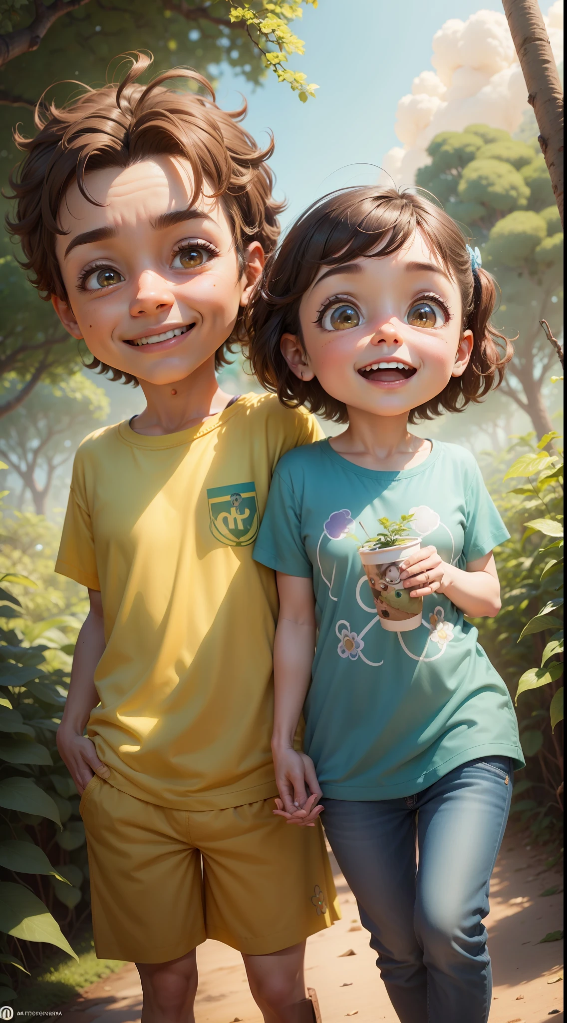 4k, pixar animation, casal feliz, looking-into-camera, em meio a natureza