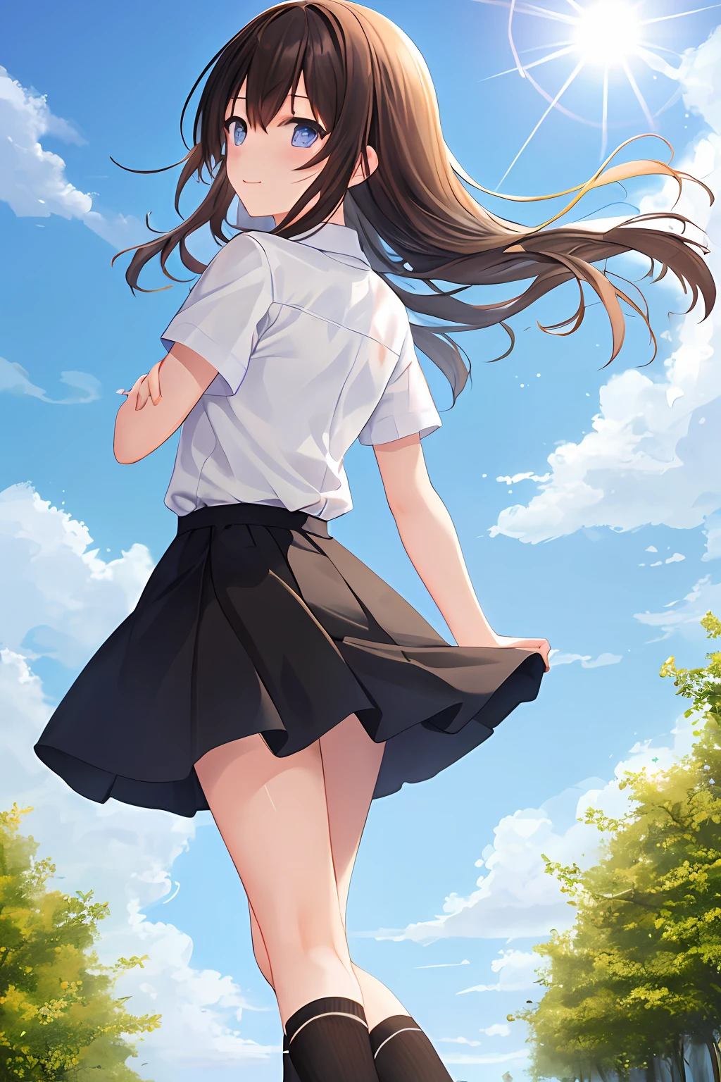 masutepiece, Best Quality, One girl, Solo,NOWAI,is standing, Very delicate eyes, Nice face, Summer sky, Summer uniform, (Black socks:1.4),Brown loafers, Sunshine,8K