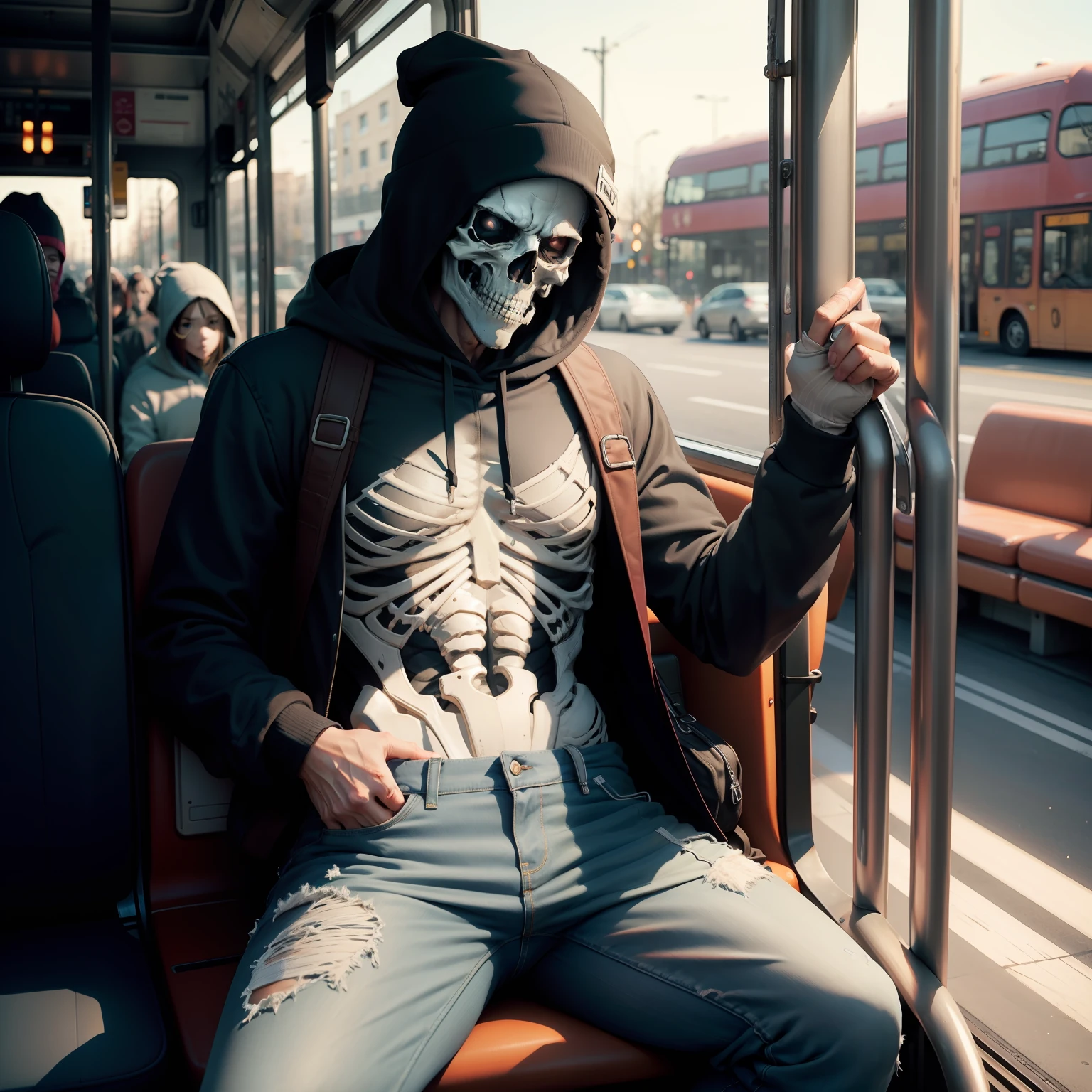 Skeleton head, riding bus, looking out window, hoodie, hood down, jeans, beanie, solo, muscular