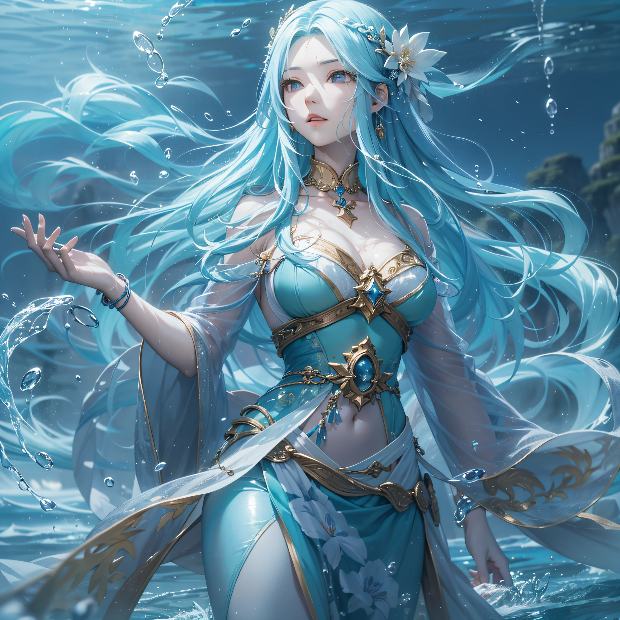 Water Goddess、A beautiful goddess with long light blue hair who freely manipulates water、Combat stance、​masterpiece、realisitic