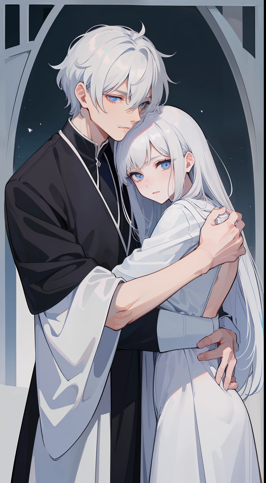 1man, Sharp blue eyes with sharp pupils, White sharp hair and he was wearing a black robe、, intimate hug with his lovely wife ((41 year old face))、Soul-level connections、Feel deeply connected