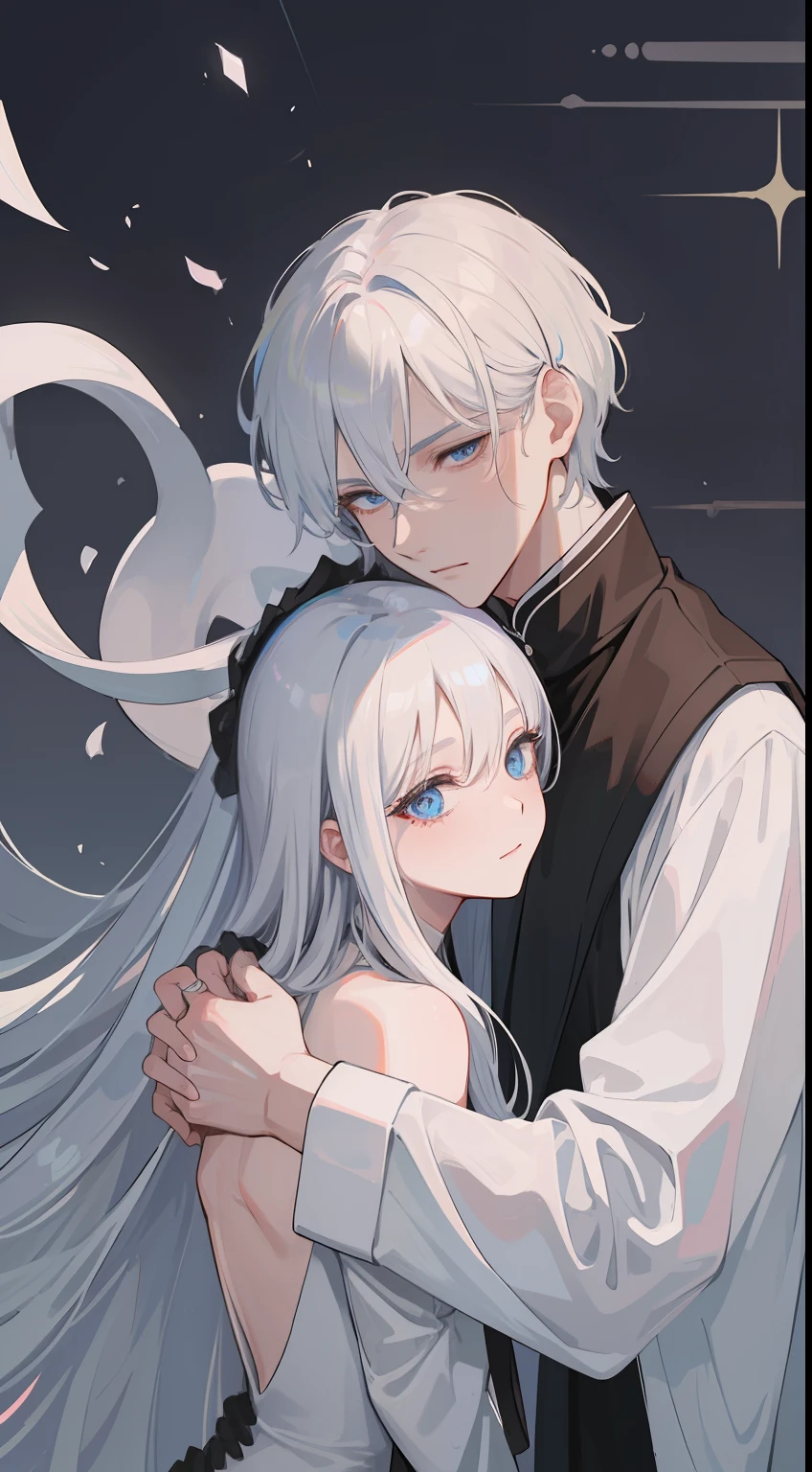 1man, Sharp blue eyes with sharp pupils, White sharp hair and he was wearing a black robe、, intimate hug with his lovely wife ((41 year old face))、Soul-level connections、Feel deeply connected