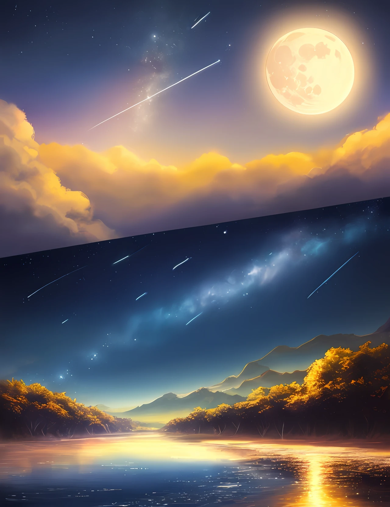 Painting of a river with stars and moon floating in the sky、Lots of meteor showers 、Concept art inspired by Mitsuoki Tosa、Pixiv Contest Winners、top-quality、Fantasyart、beautiful anime scene、Golden Moon。Bright moon、Starry sky environment under moonlight、Dream painting、anime background art、Fantasy landscape art、Dreamy night、anime backgrounds、Background artwork、dreamlike art、atmospheric anime、starrysky、details enhanced。